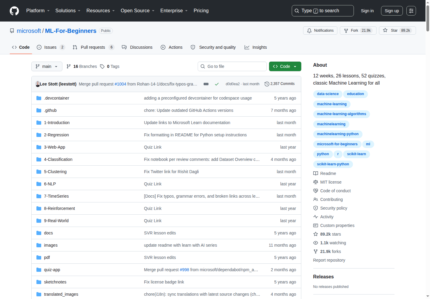 ML-For-Beginners GitHub 主頁（repo 名 + 89.2k stars + 課程描述）