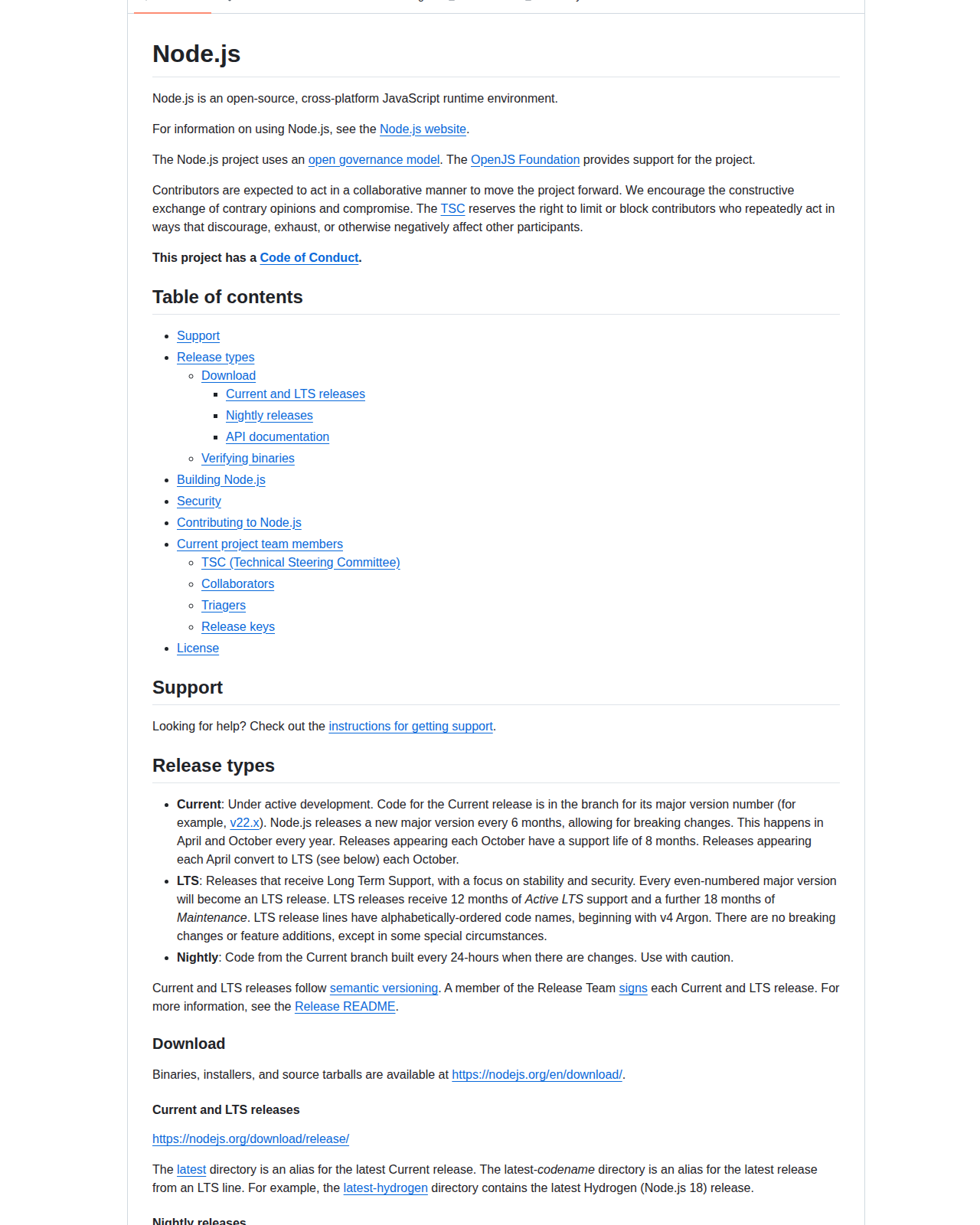 Node.js README 開頭（專案名稱 Node.js 與跨平台 JavaScript 執行環境說明）