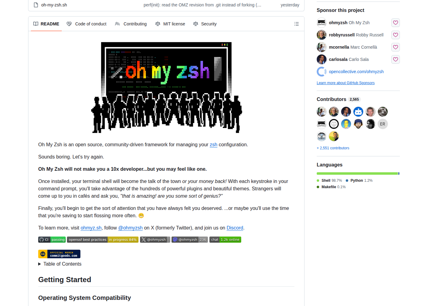 Oh My Zsh README 開頭（專案名稱 Oh My Zsh、作業系統相容性表格與安裝指令說明）