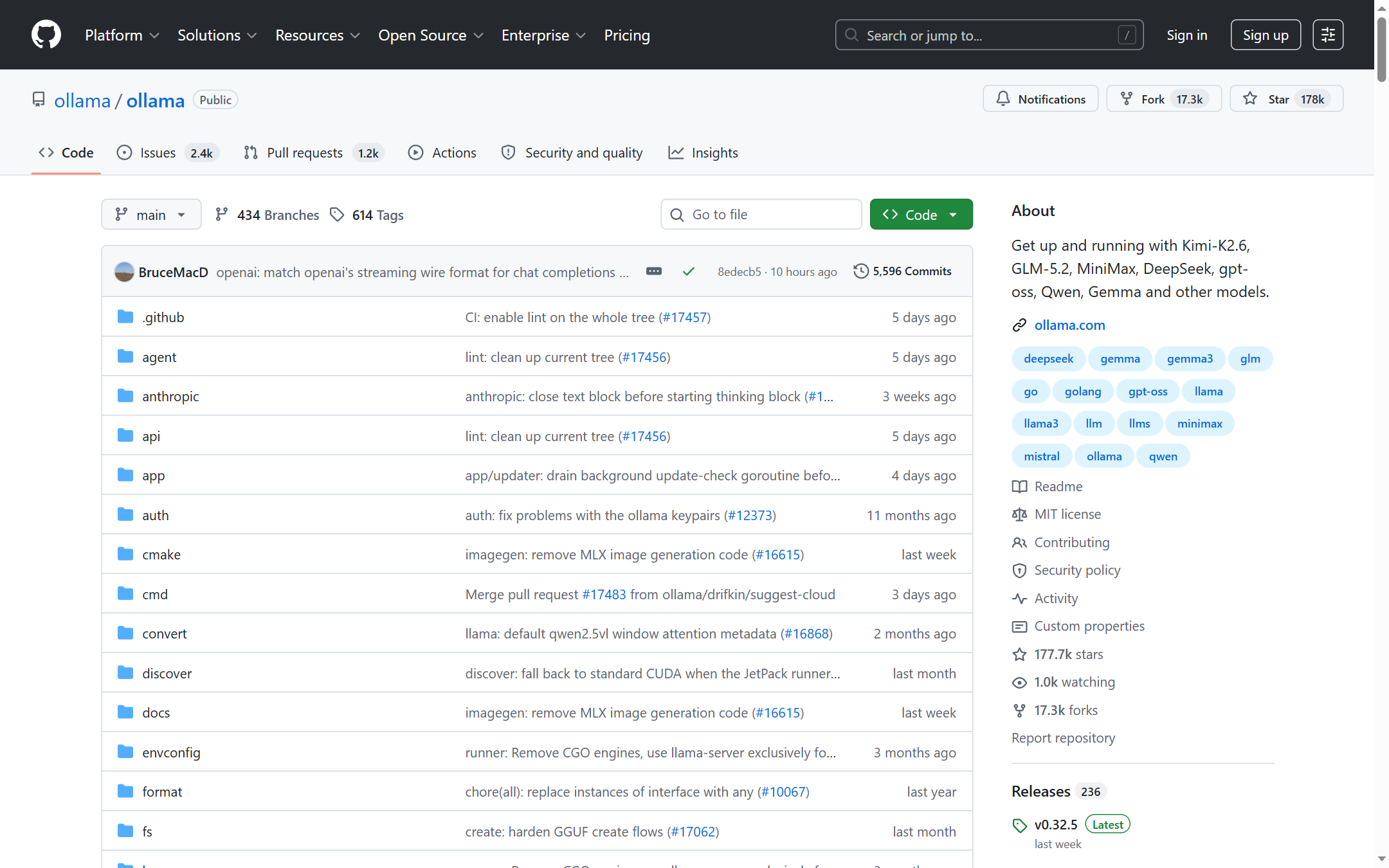 Ollama GitHub 主頁（178k stars + 項目描述）