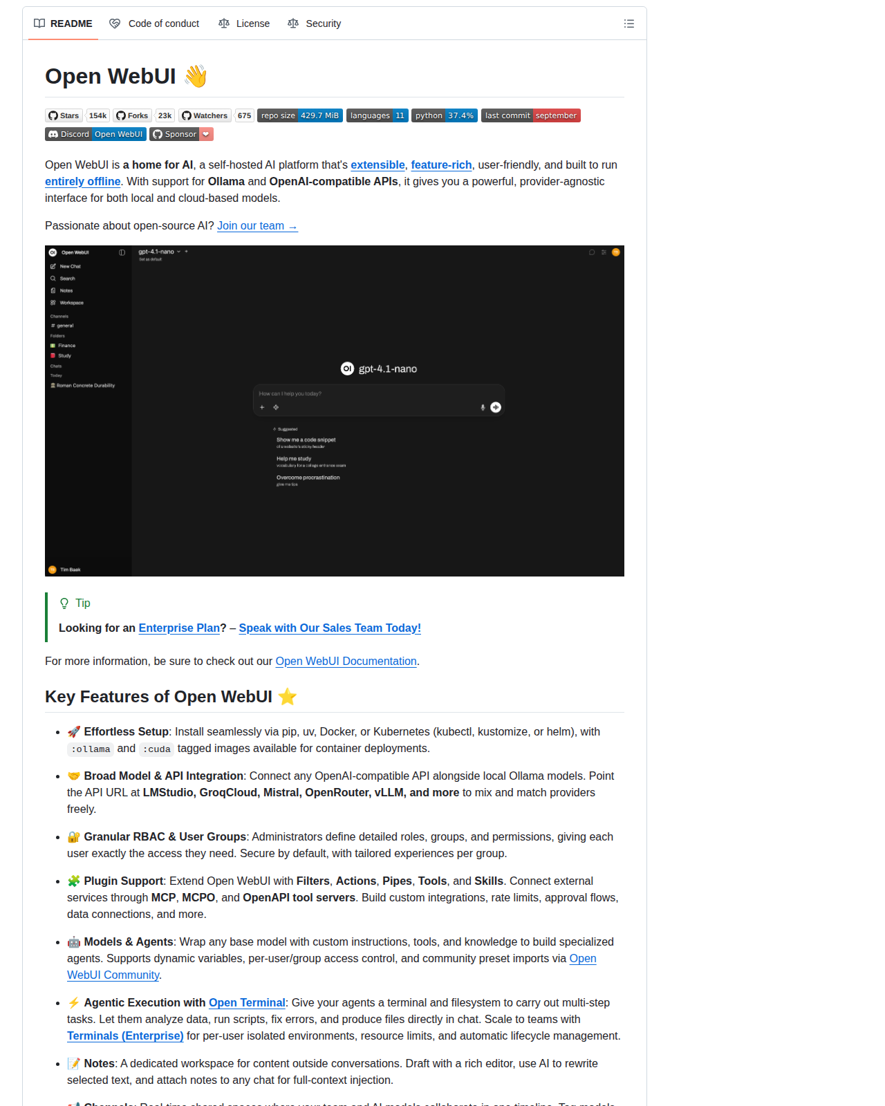 Open WebUI 的 GitHub 儲存庫 README 開頭，顯示專案名稱 Open WebUI、一句定位描述，以及強調可完全離線運行的說明文字