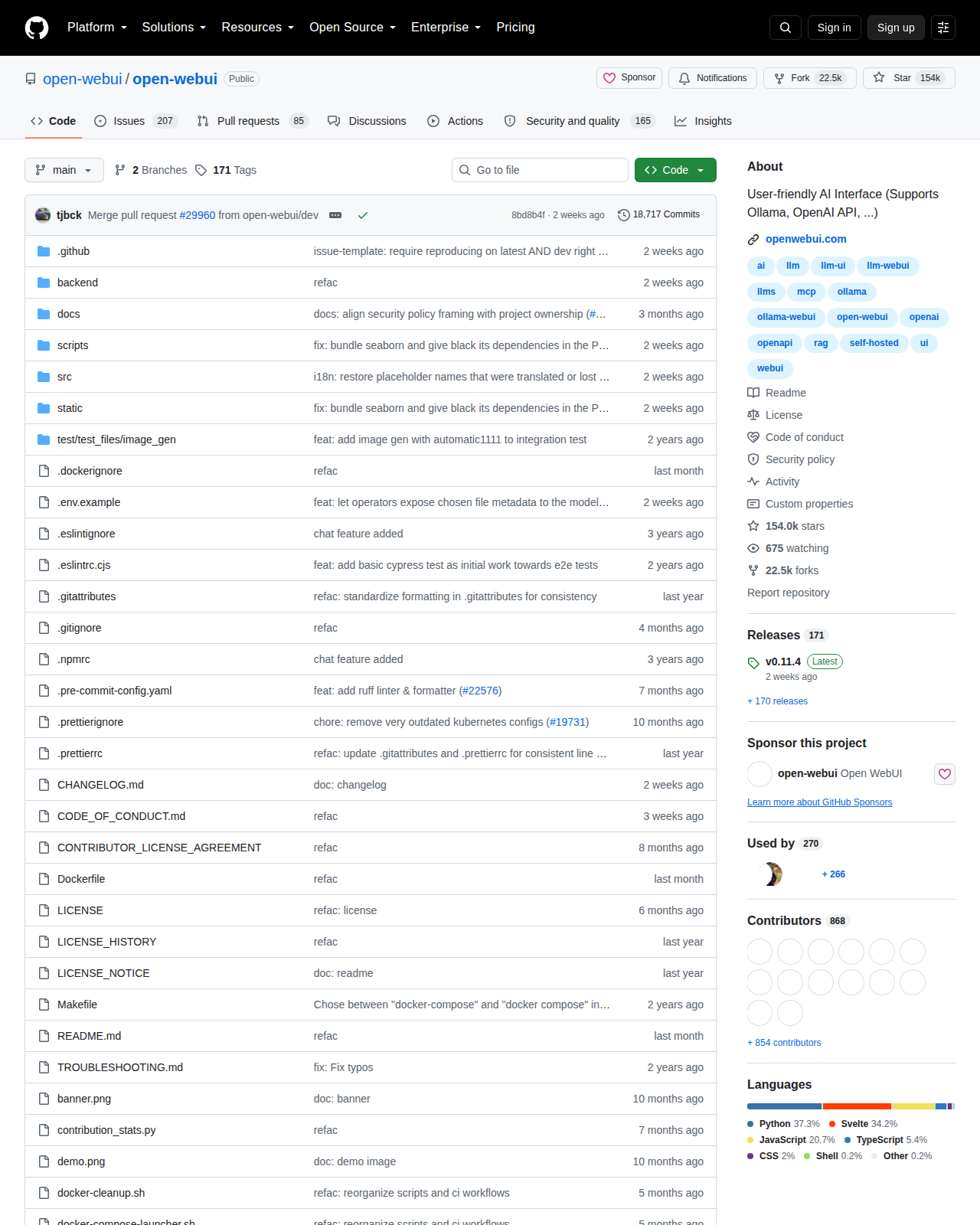 Open WebUI 的 GitHub 儲存庫首頁頂部，顯示專案名稱 open-webui/open-webui、主要語言 Python、星標數與授權標示