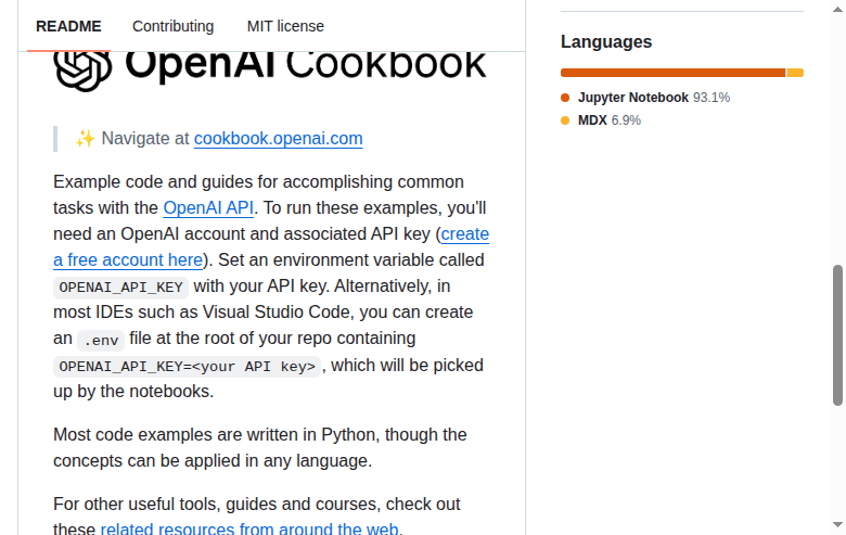 OpenAI Cookbook README 開頭（OpenAI Cookbook Logo、Navigate at cookbook.openai.com 導向連結與項目簡介）