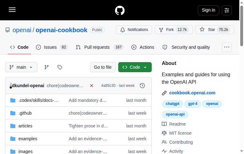 OpenAI Cookbook GitHub 首頁頂部（repo 名 + Star 數 75.2k + 官方描述）
