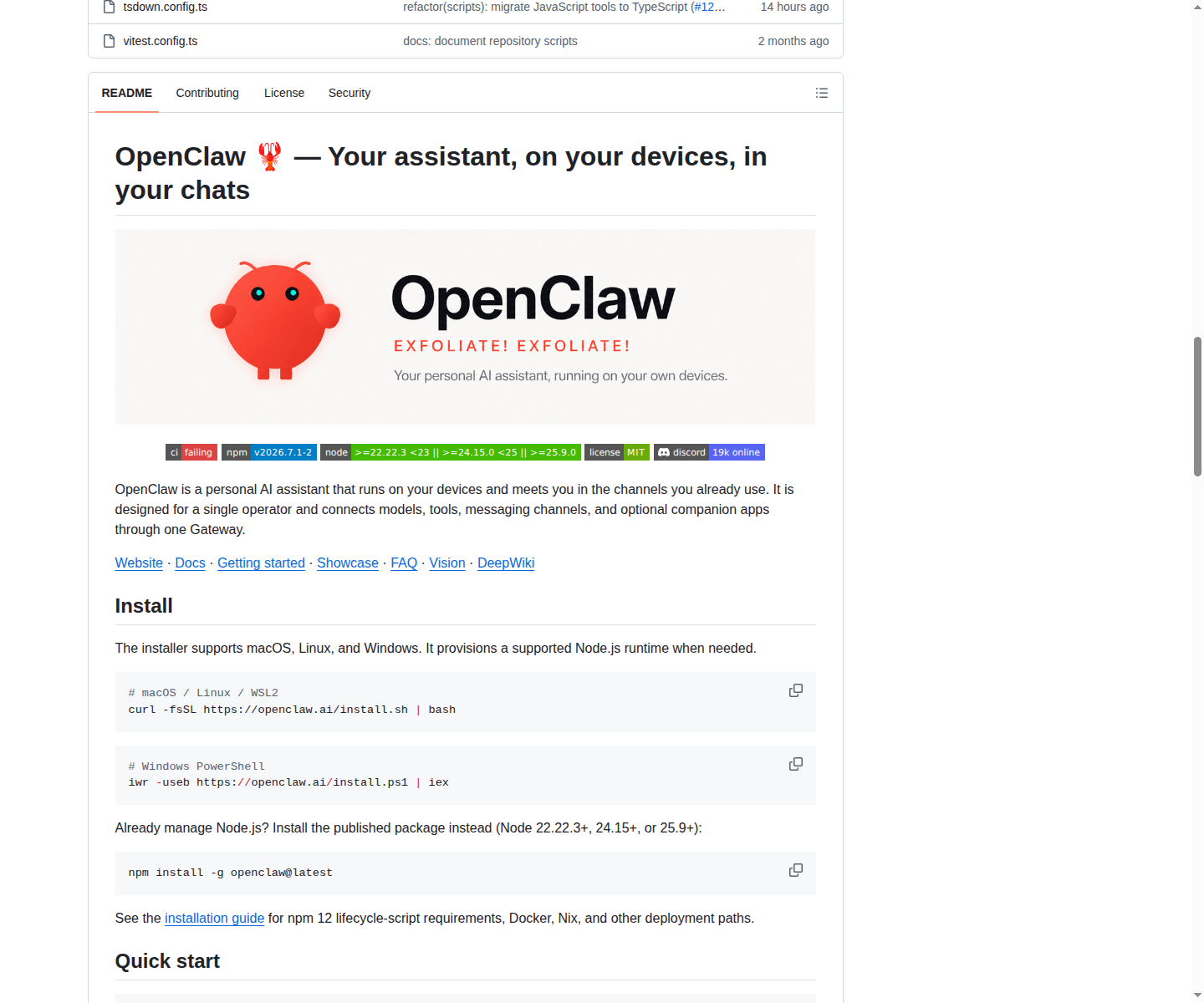 OpenClaw README 開頭（項目名稱 OpenClaw + 標語「Your assistant, on your devices, in your chats」）