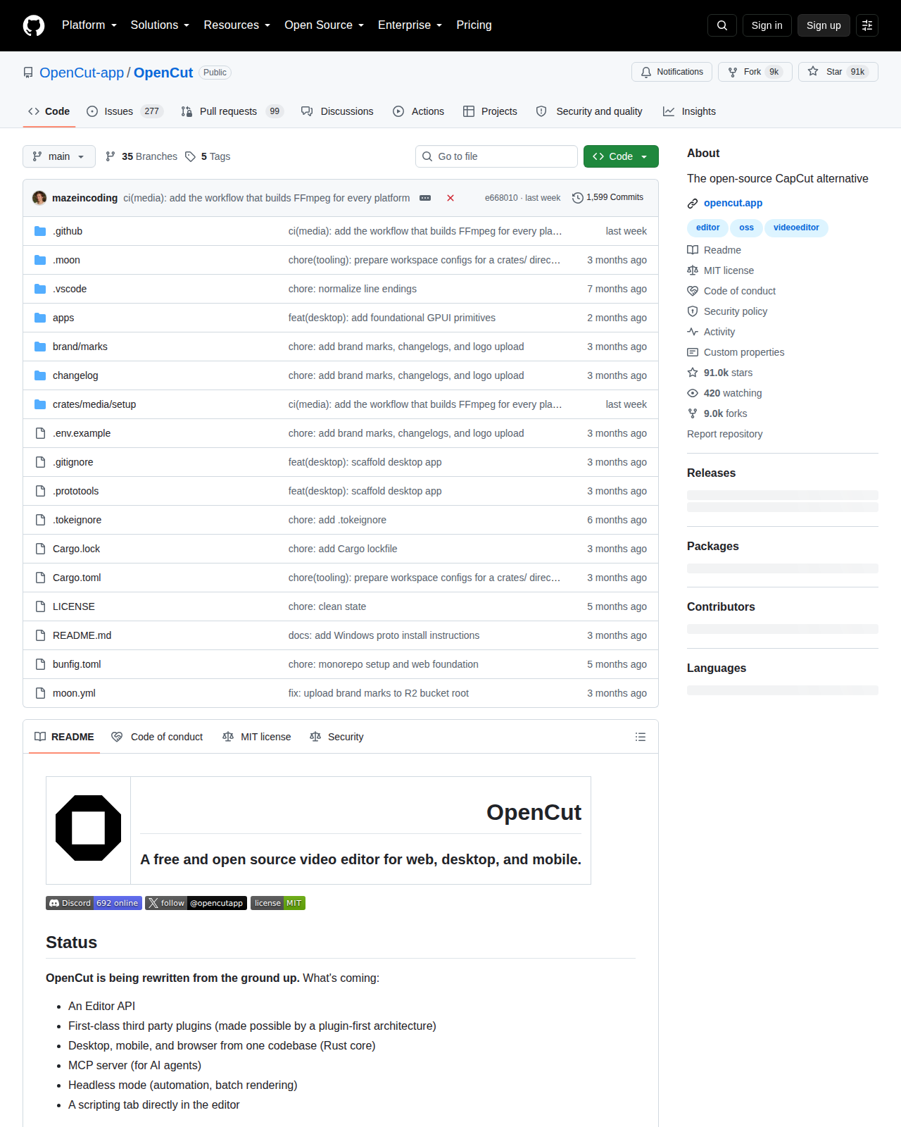 OpenCut GitHub 倉庫首頁（倉庫名稱、星標數與檔案清單）