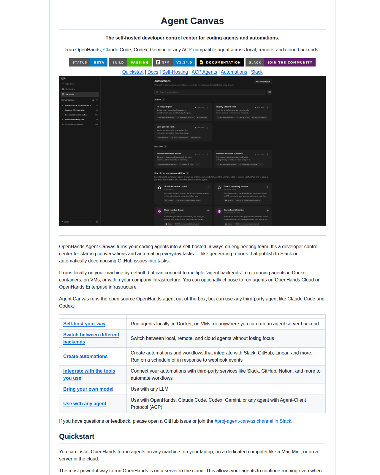 OpenHands README 開頭（項目名稱 Agent Canvas + 標語「The self-hosted developer control center for coding agents」）