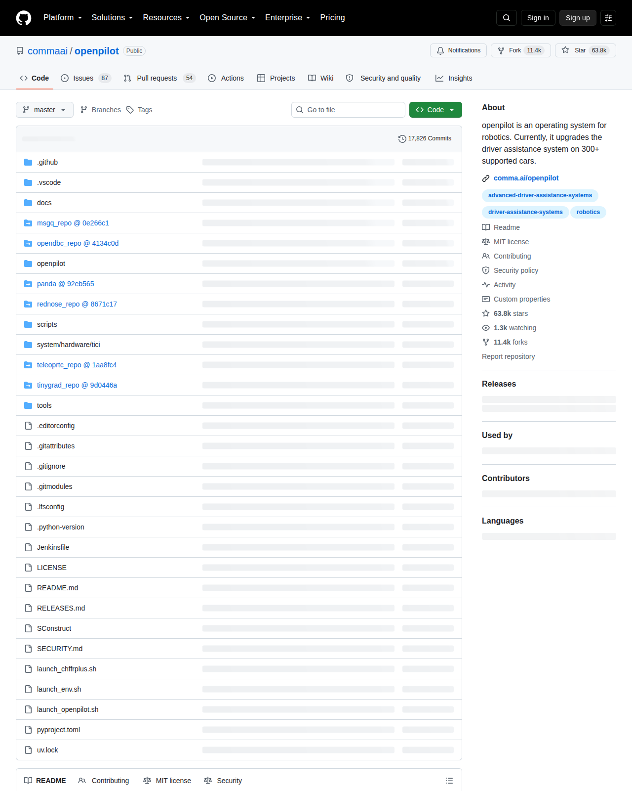 commaai/openpilot 的 GitHub 首頁頂部，顯示 repo 名稱 commaai/openpilot、Star 數 63.8k、Fork 11.4k、描述「openpilot is an operating system for robotics」、MIT 授權標示與 topics 標籤