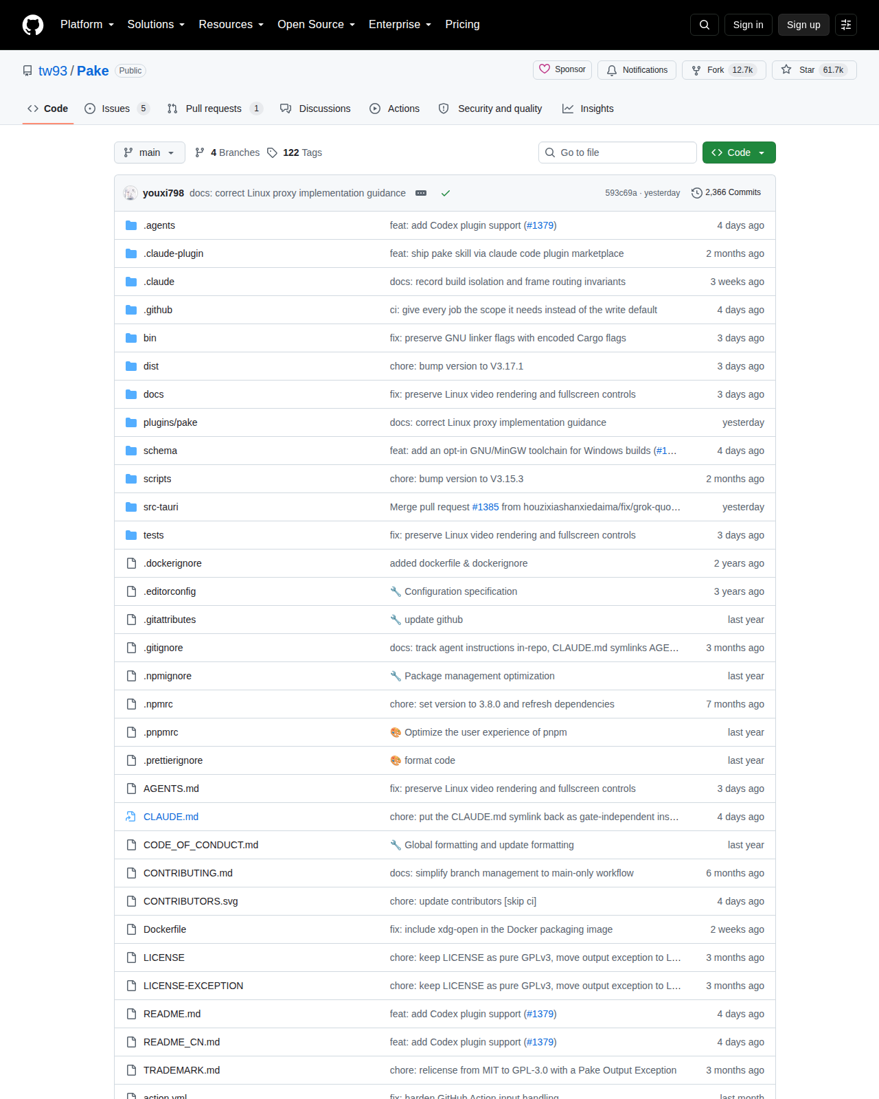Pake GitHub 首頁頂部（repo 名 tw93/Pake、專案描述與 61.7k 星標統計）