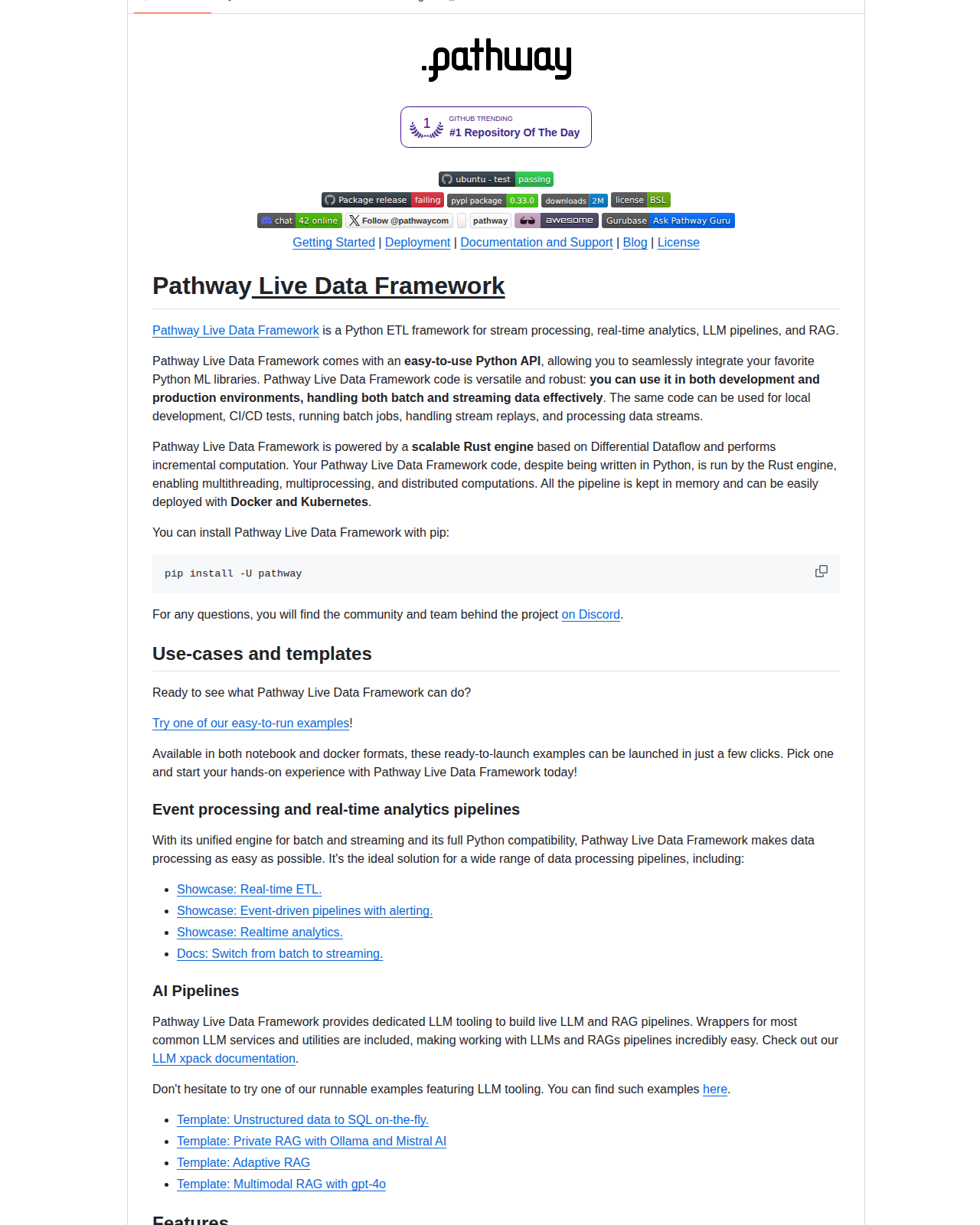 Pathway README 開頭（專案名稱 Pathway Live Data Framework 與定位說明，以及事件處理、AI 管線、連接器等特色段落）
