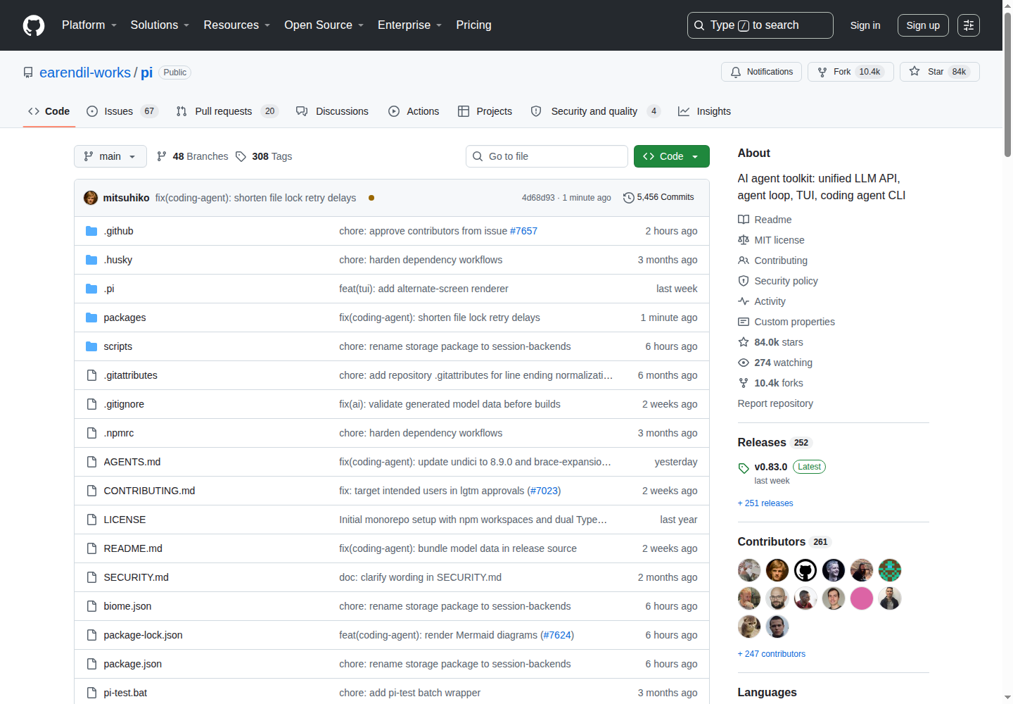 Pi GitHub 主頁（84k stars + 項目描述）