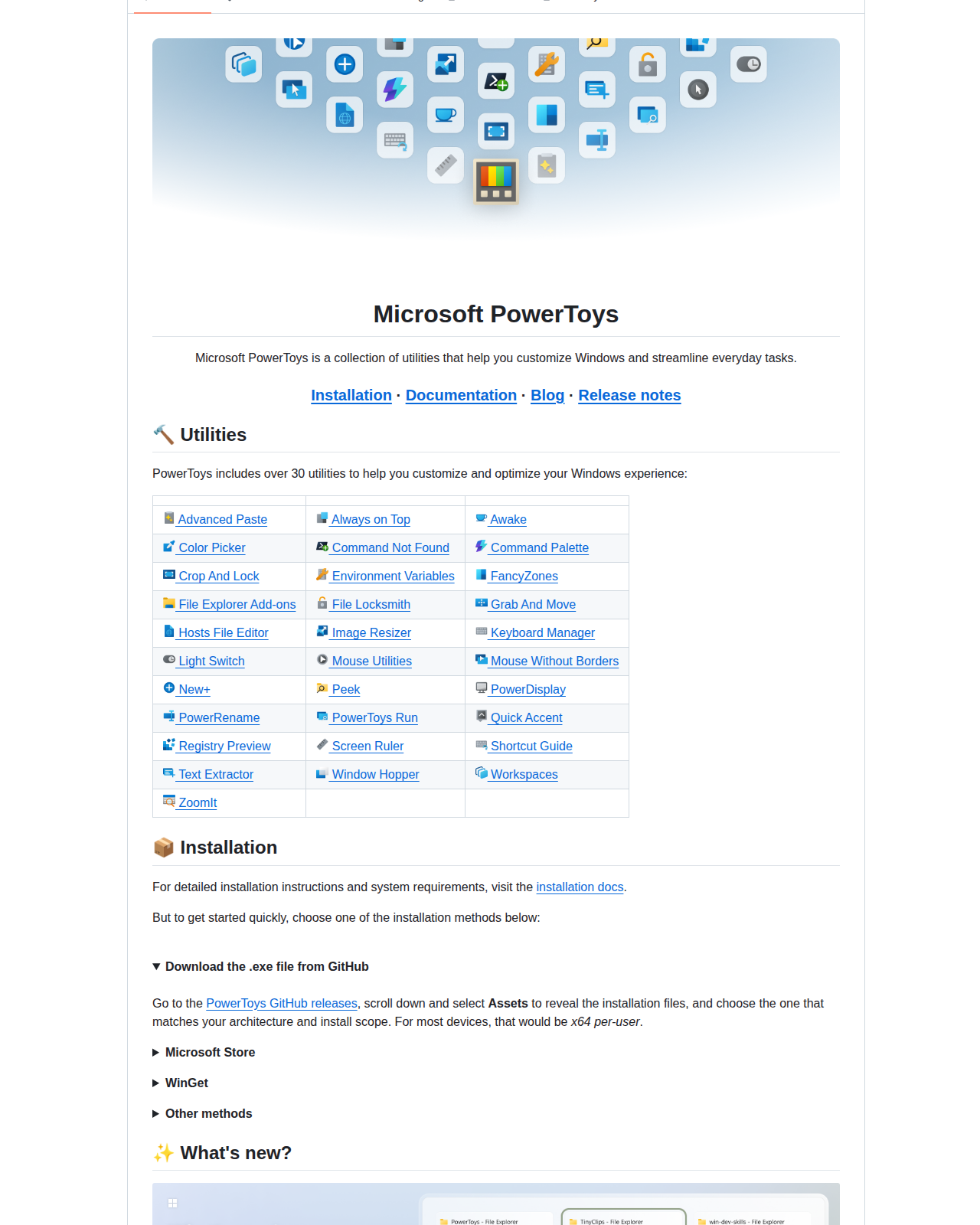 Microsoft PowerToys README 開頭（專案名稱與標語，以及三十多項工具的圖示清單）