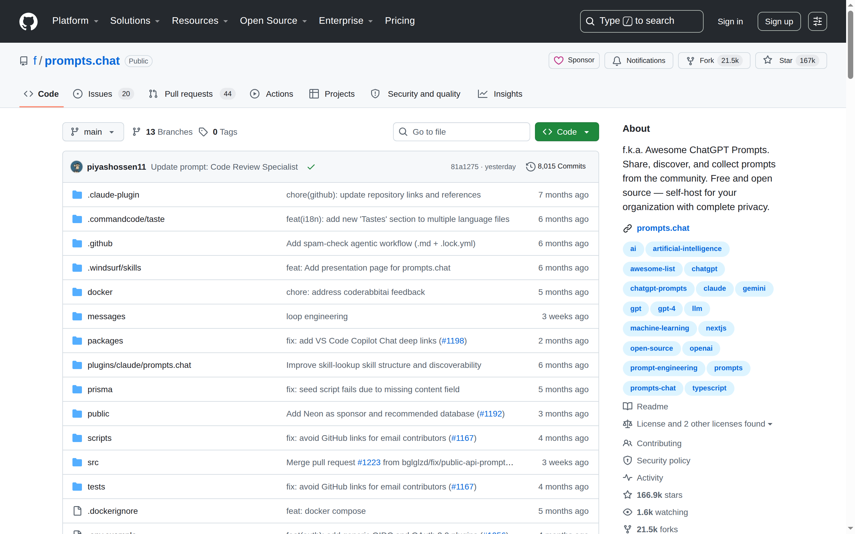 prompts.chat GitHub 首頁頂部（repo 名 f/prompts.chat + 166.9k stars + 項目描述）