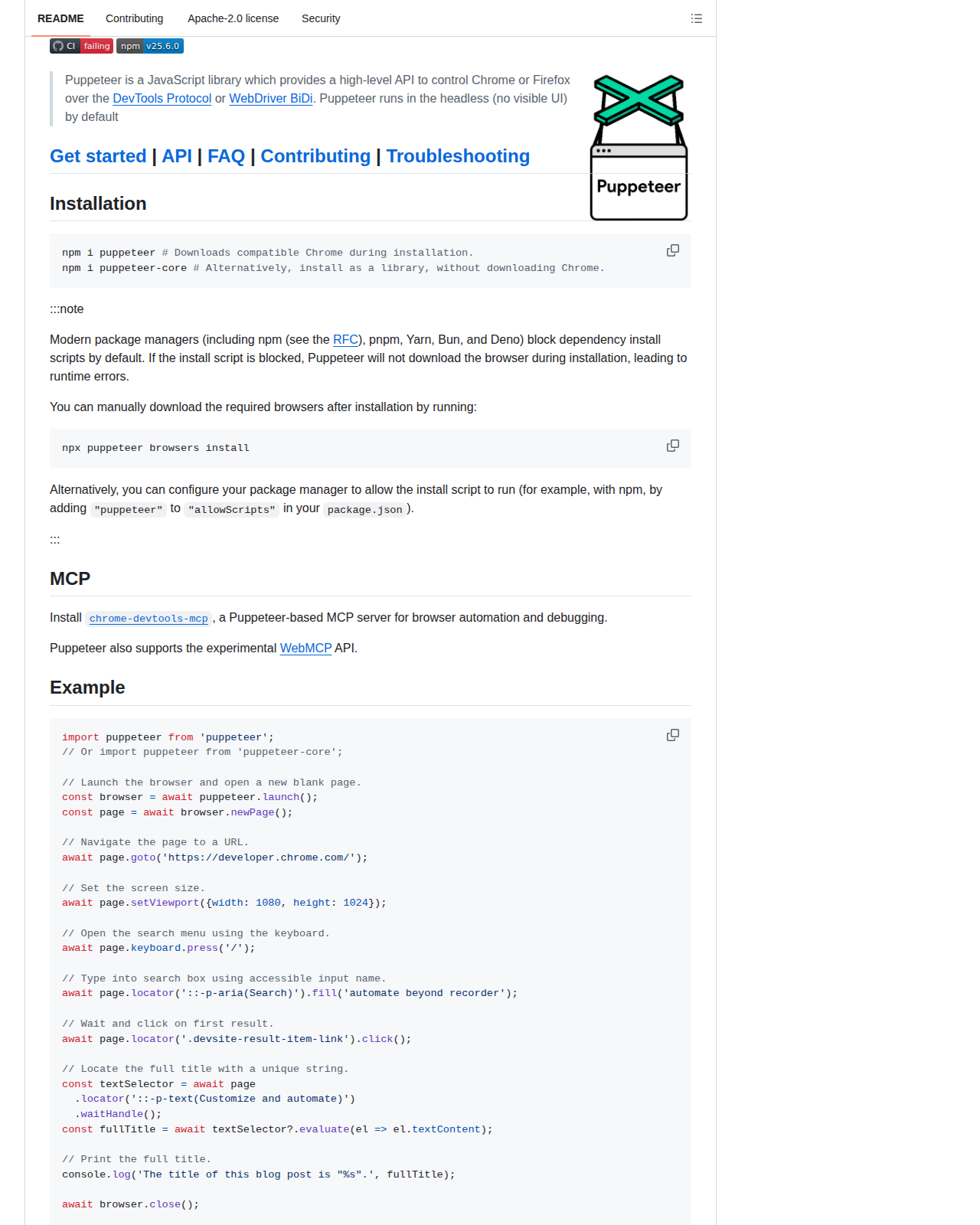 Puppeteer README 開頭（項目名稱 Puppeteer 與 JavaScript API for Chrome and Firefox 描述）