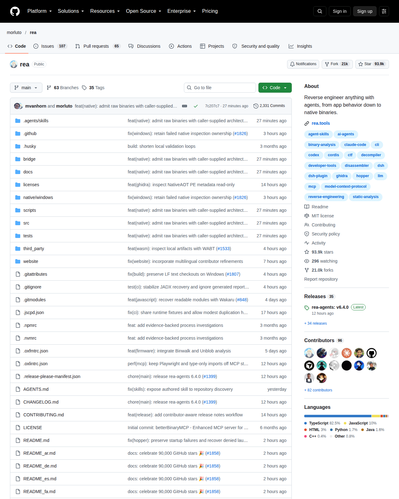 REA 的 GitHub 儲存庫首頁頂部，顯示儲存庫名稱 morluto/rea、專案描述「Reverse engineer anything with agents, from app behavior down to native binaries」、Star 數與 Fork 數，以及最近的提交紀錄