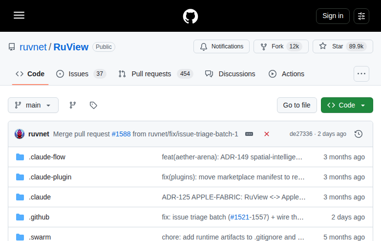 RuView GitHub 首頁頂部（repo 名稱、Star 89.9k、Fork 11.9k、項目描述與 About 資訊欄）