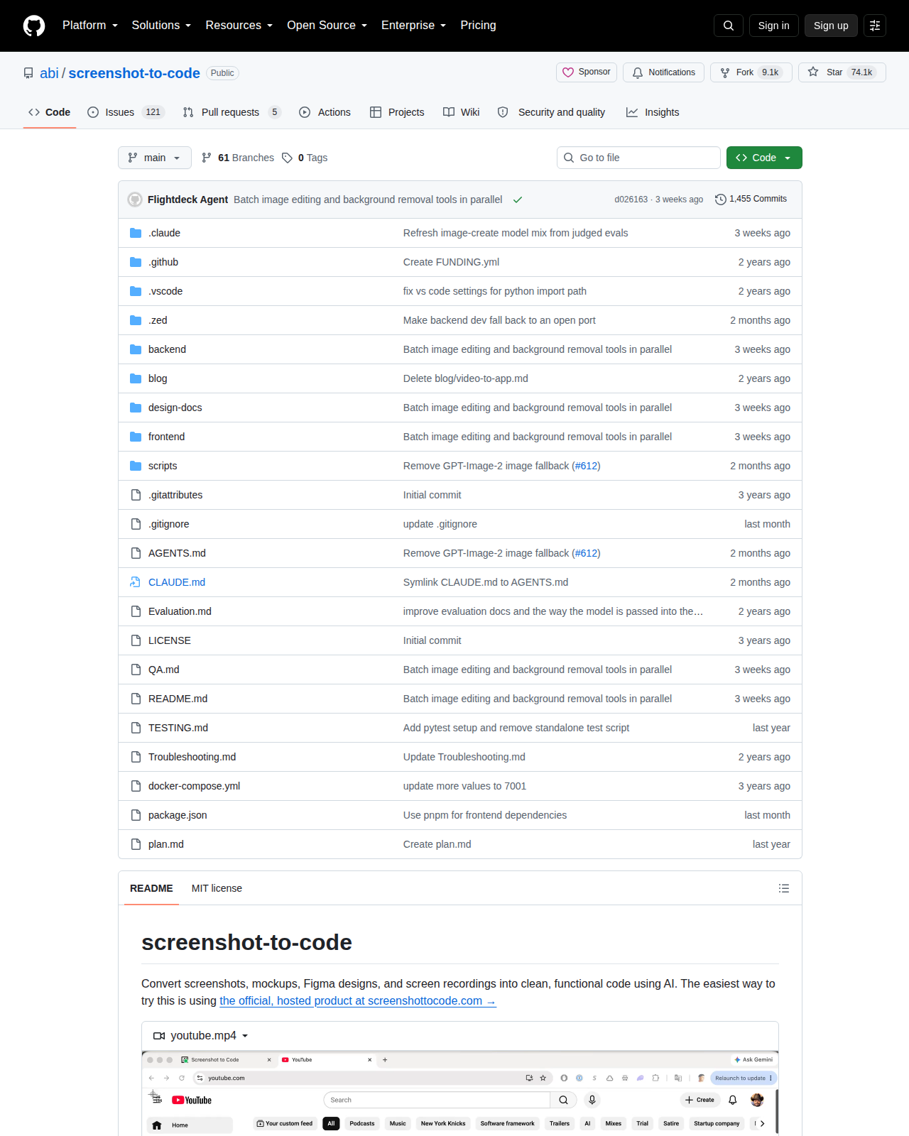 screenshot-to-code GitHub 首頁頂部（repo 名稱「abi / screenshot-to-code」+ 74k 星標 + 9k Forks + 描述「Drop in a screenshot and convert it to clean code」+ Python 主要語言 + MIT 授權 + 官方產品入口）