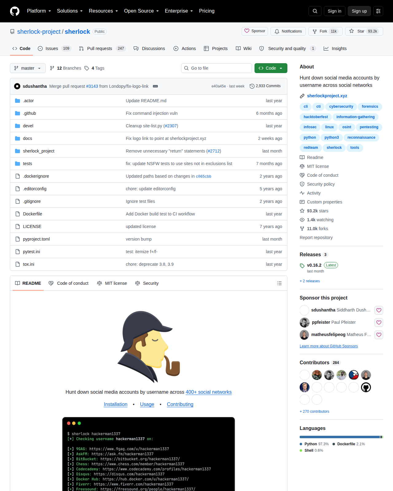 Sherlock 的 GitHub 儲存庫首頁頂部，顯示專案名稱 sherlock-project/sherlock、主要語言 Python、93,217 顆星標與 MIT 授權標示