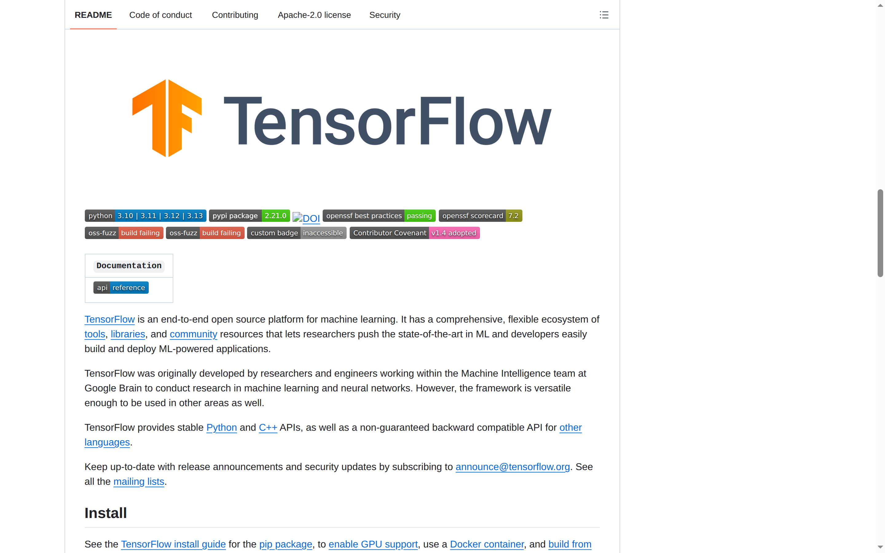 TensorFlow README 開頭（項目 H1 大字 + 定位描述）