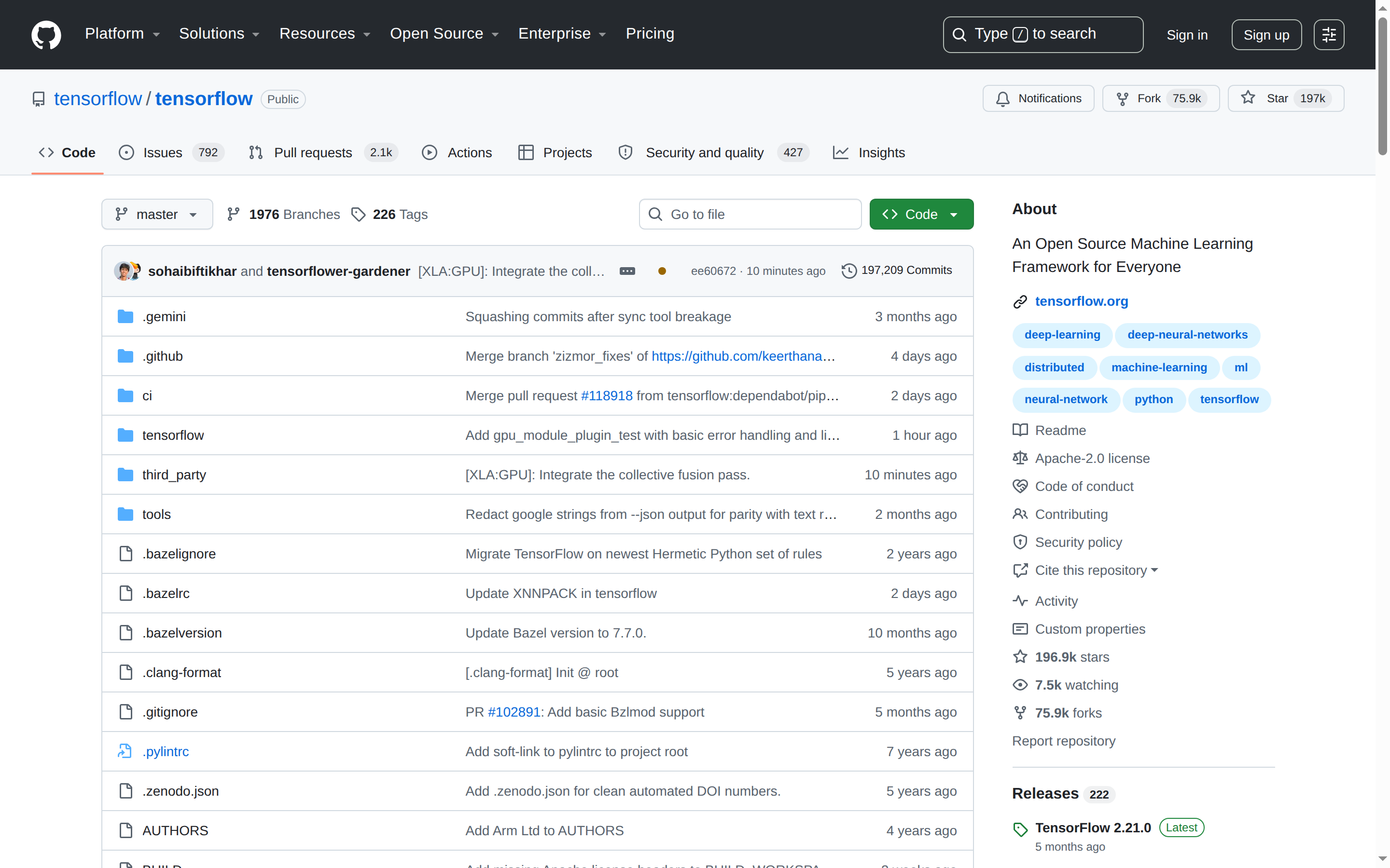 TensorFlow GitHub 主頁（repo 名 + 196.9k stars + 項目描述）