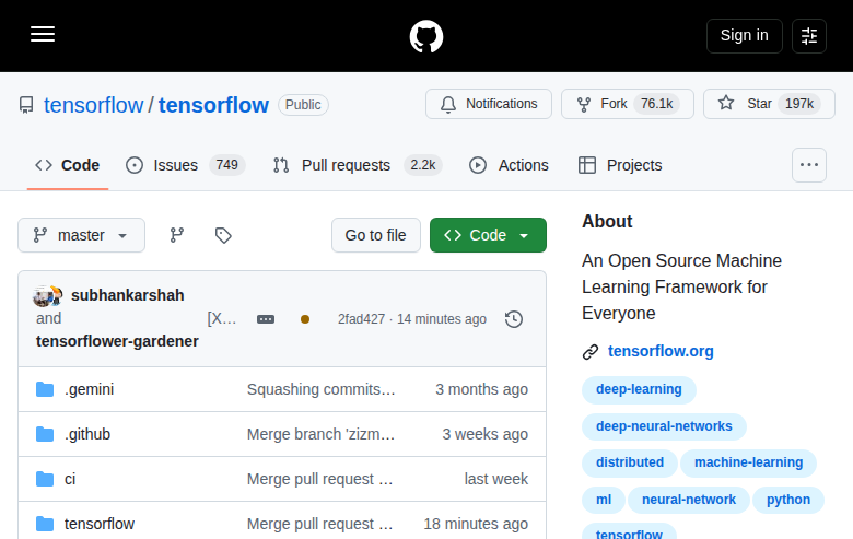 TensorFlow GitHub 首頁頂部（repo 名 tensorflow/tensorflow、星標數 197K、fork 數 76.1K 與項目描述）