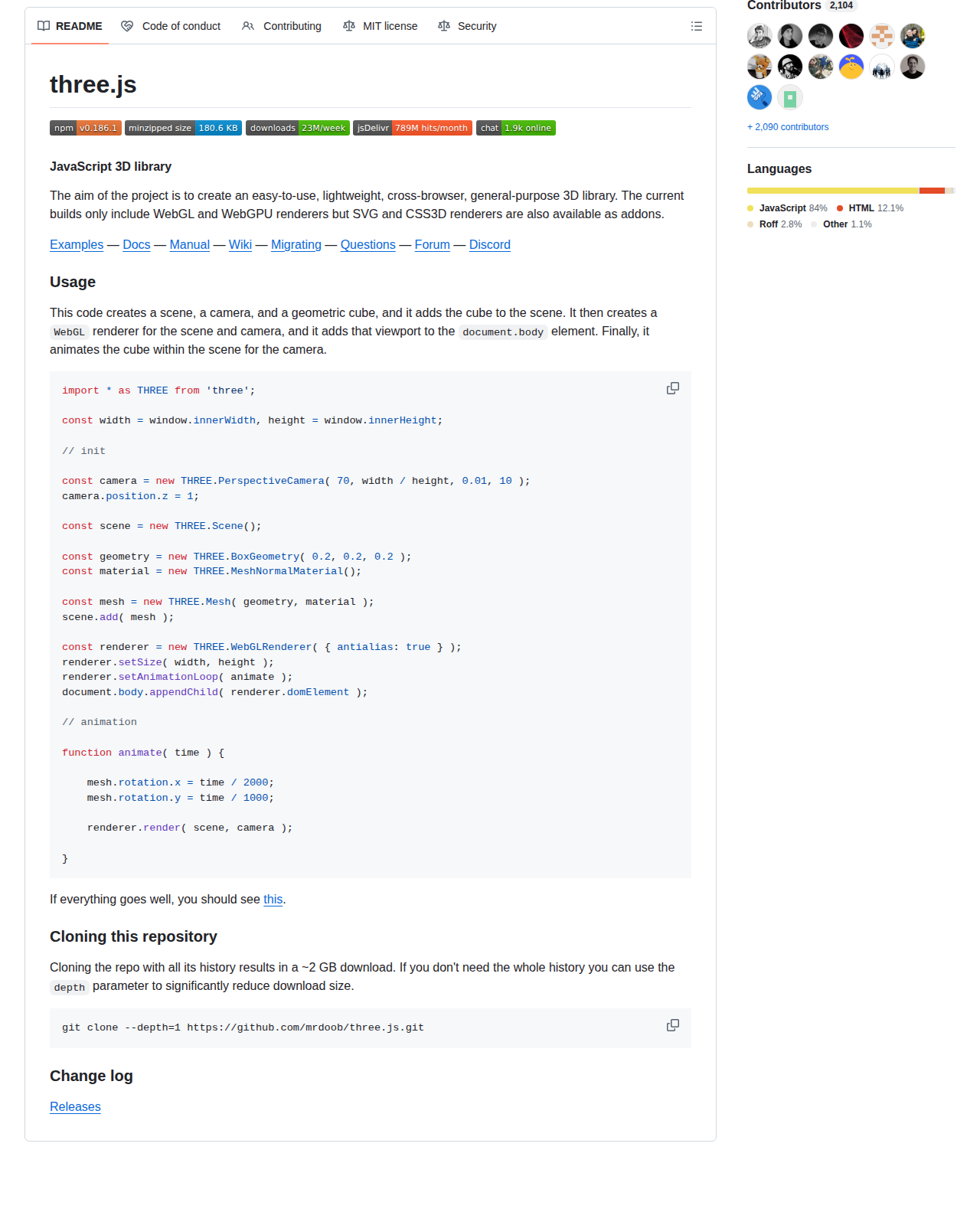 three.js 的 GitHub 儲存庫 README 開頭，顯示專案名稱 three.js、副標題 JavaScript 3D library，以及說明函式庫定位的簡介段落