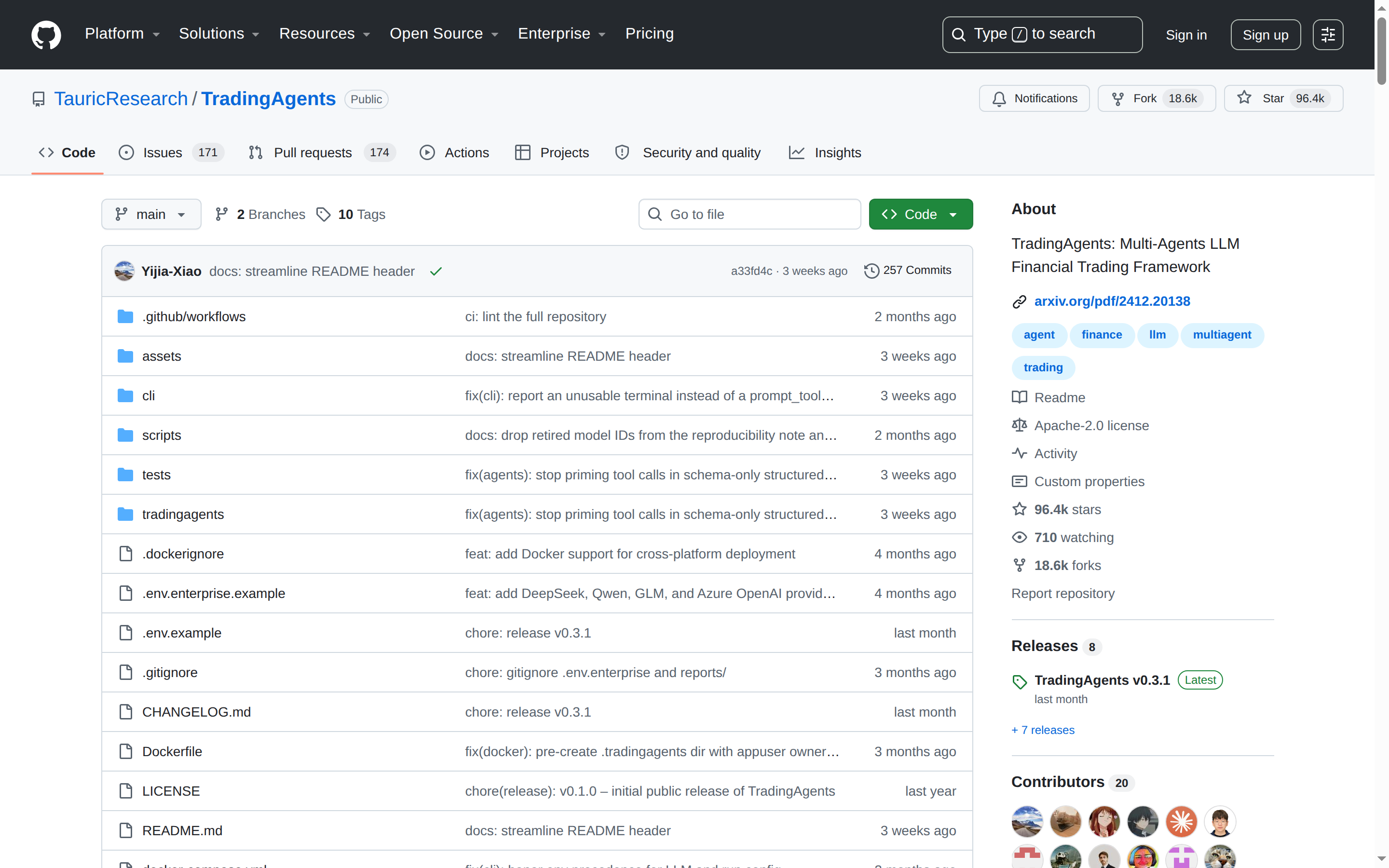 TradingAgents GitHub 主頁（repo 名 + 96k stars + 項目描述）