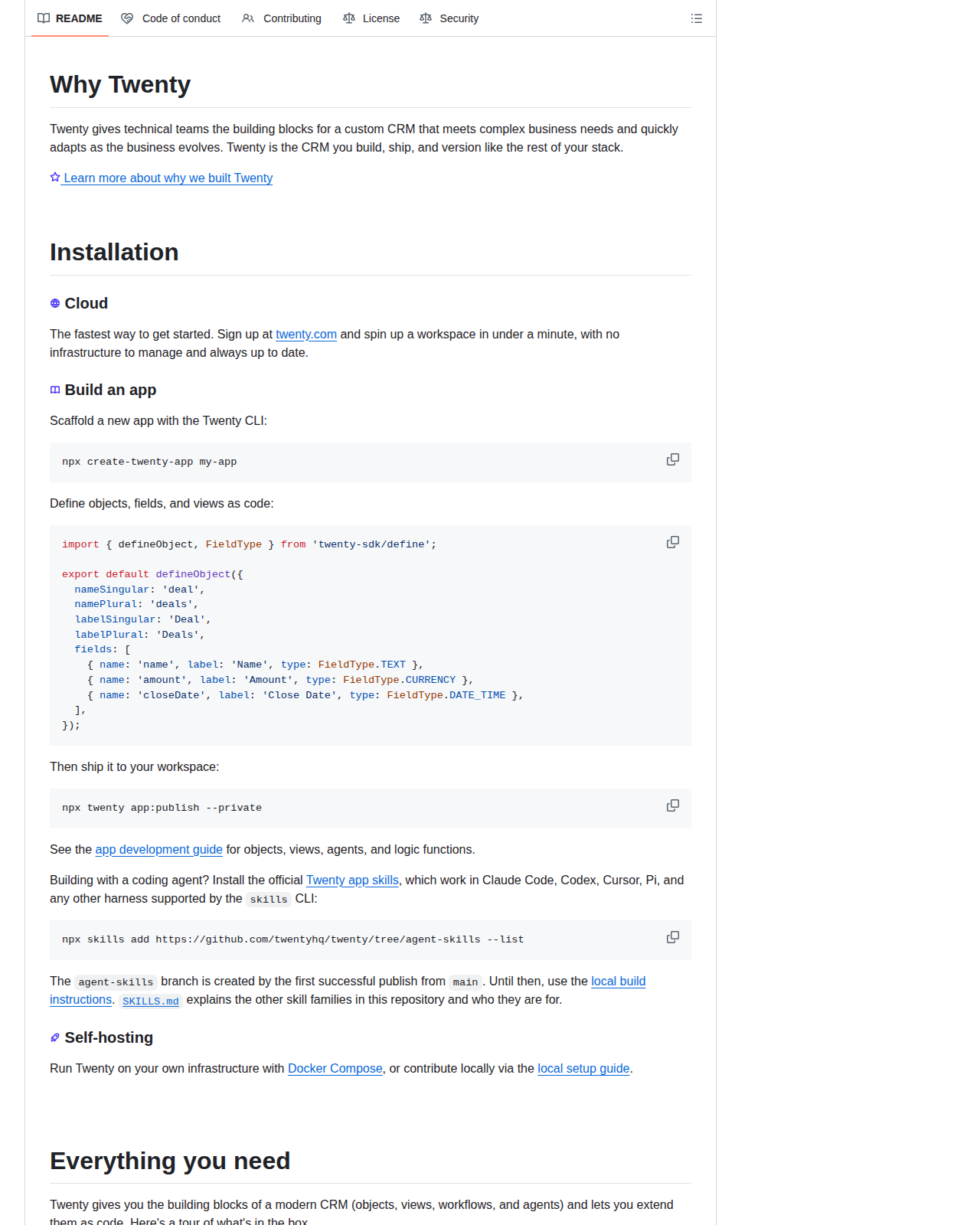 Twenty 專案的 README 開頭,顯示專案名稱 Twenty、標語 The #1 Open-Source CRM,以及 Why Twenty 與 Installation 段落