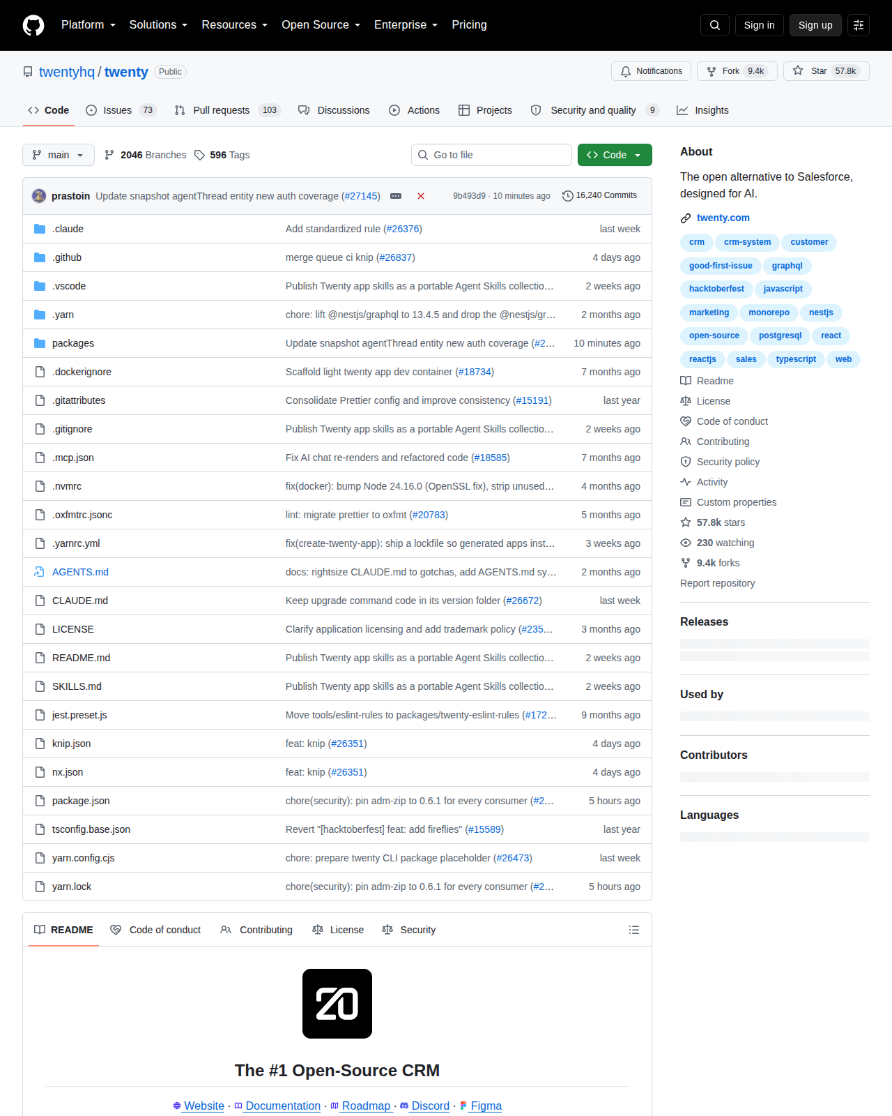 Twenty 的 GitHub 倉庫首頁,顯示倉庫名稱 twentyhq/twenty、57.8k 星標、9.4k 複製數與專案描述