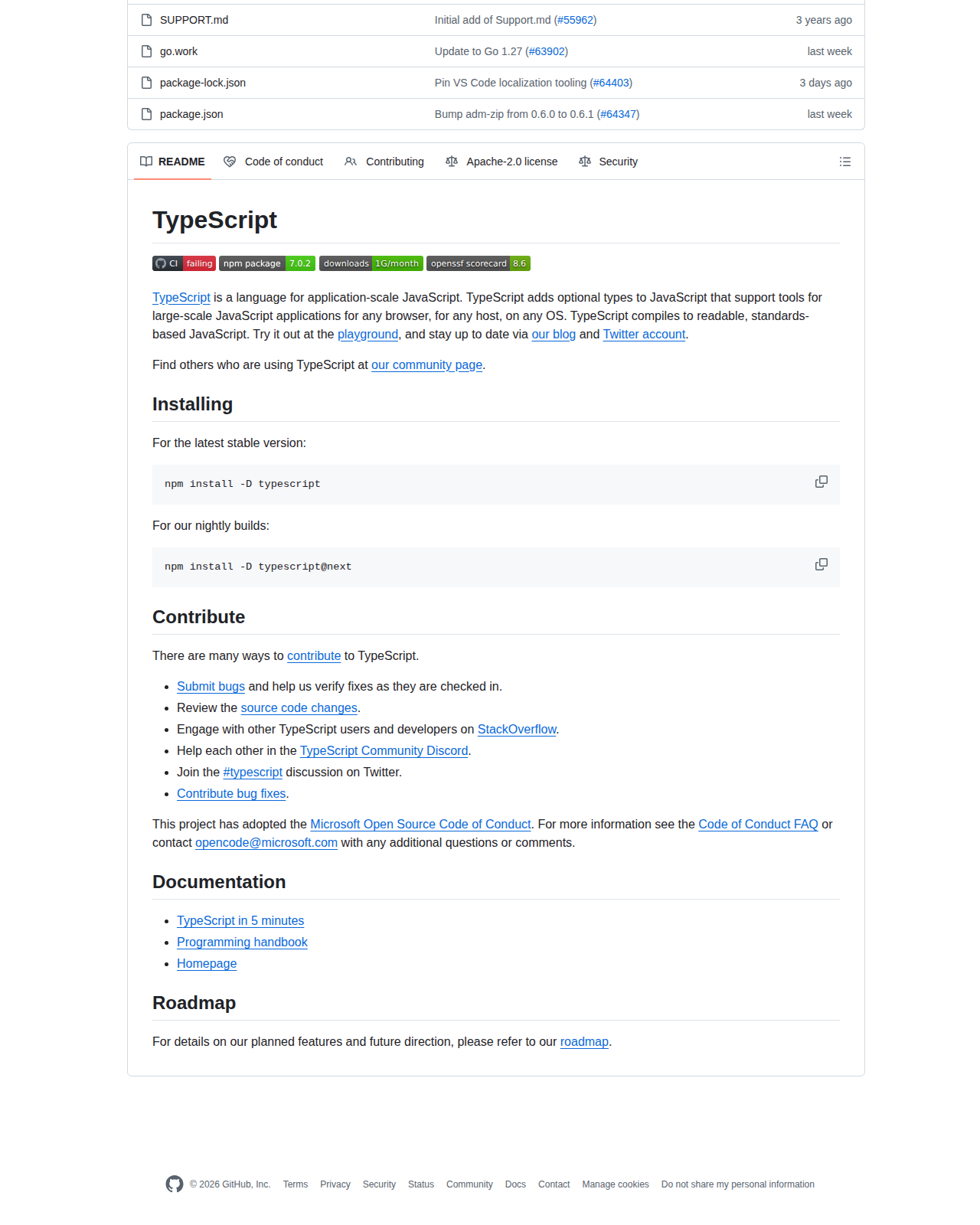 microsoft/TypeScript README 開頭（專案名稱 TypeScript 與「application-scale JavaScript」定位說明）