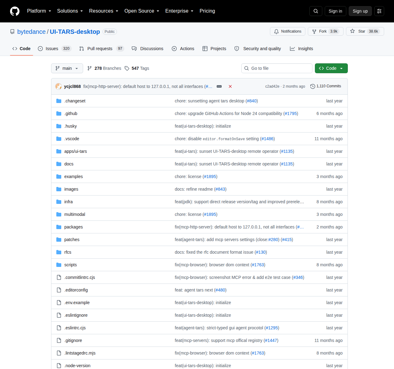 UI-TARS-desktop GitHub 首頁頂部（repo 名稱「bytedance / UI-TARS-desktop」+ 38.6k 星標 + 3.9k Forks + 描述「The Open-Source Multimodal AI Agent Stack: Connecting Cutting-Edge AI Models and Agent Infra」+ TypeScript 主要語言 + Apache-2.0 授權 + 首頁連結 agent-tars.com）