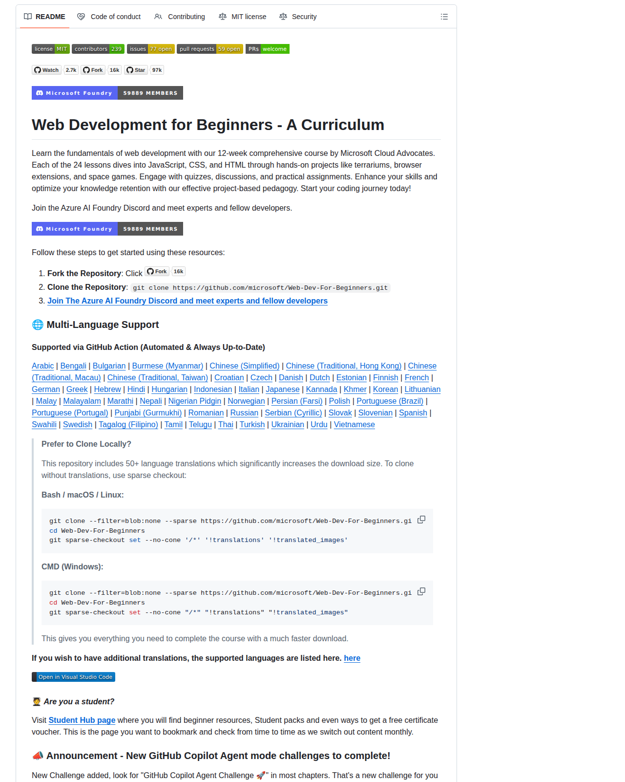 Web-Dev-For-Beginners 的 GitHub 儲存庫 README 開頭，顯示課程全名 Web Development for Beginners - A Curriculum、十二週二十四堂課的說明，以及微軟雲端倡導者團隊的介紹文字