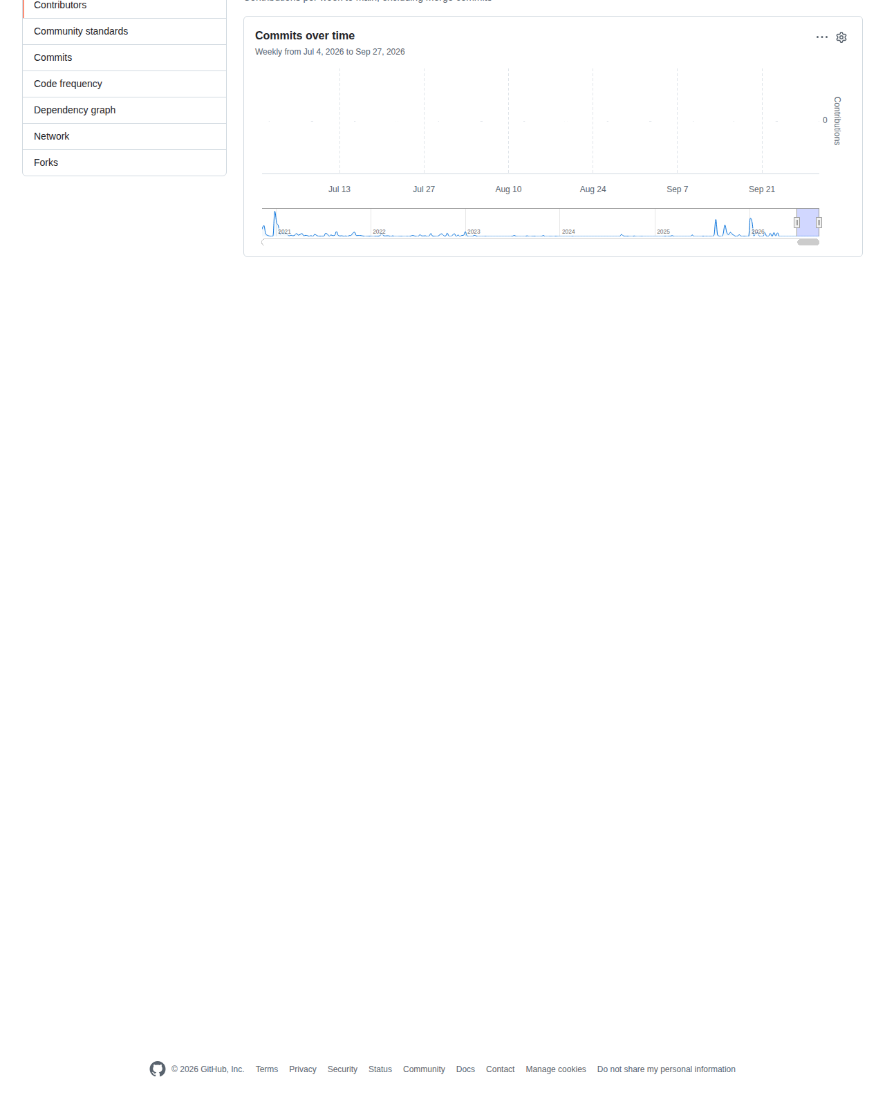 Web-Dev-For-Beginners 的 GitHub 提交統計頁，顯示自二零二六年七月至九月的每週提交次數折線圖與期間的活躍程度