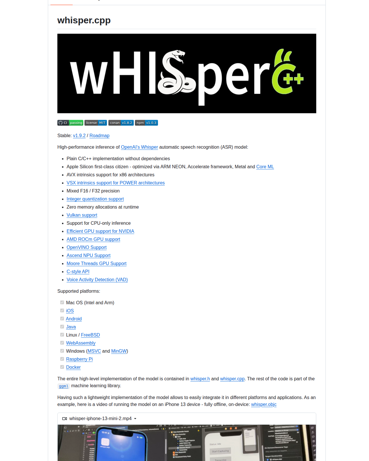 whisper.cpp README 開頭（項目名稱「whisper.cpp」大字 + 標語「High-performance inference of OpenAI's Whisper automatic speech recognition (ASR) model」+ CI 徽章 + MIT 授權徽章 + Stable v1.9.2 版本資訊 + 純 C/C++ 零依賴與 Apple Silicon 原生優化等功能清單）