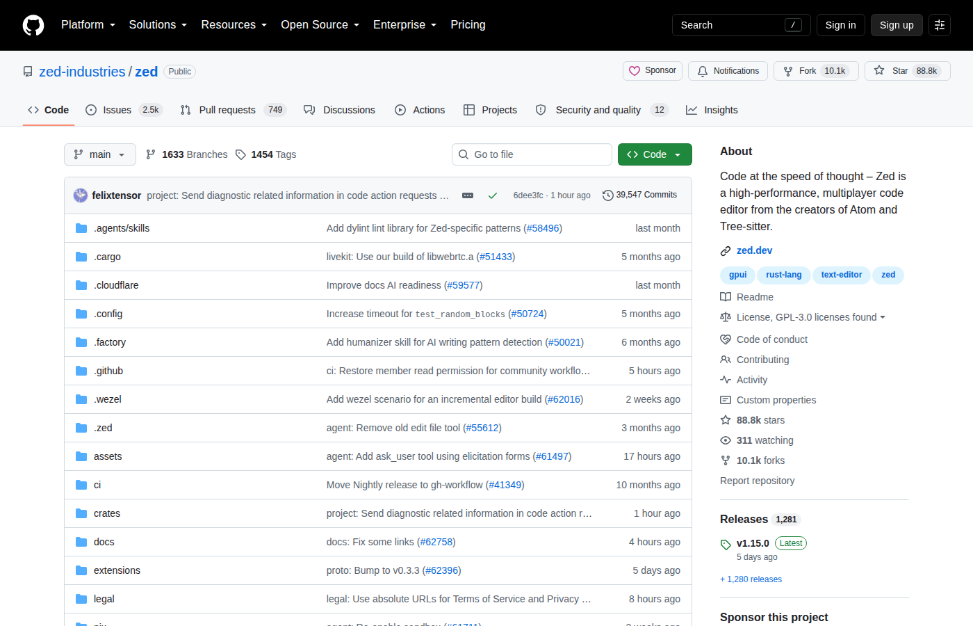 Zed GitHub 首頁頂部截圖（repo 名 zed-industries/zed + Star 88.8k + Fork 10.1k + 檔案目錄列表）