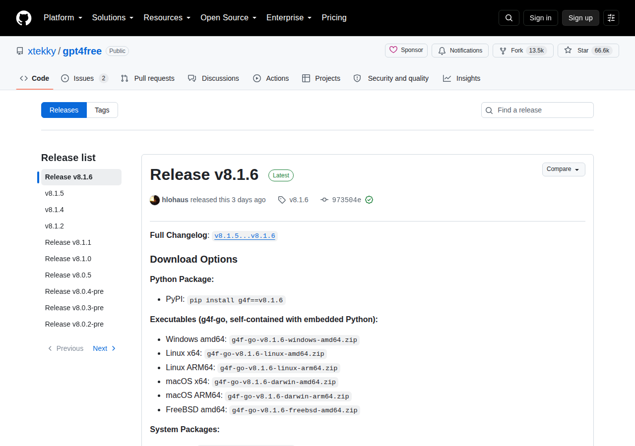GPT4Free Releases 頁（最新版本 v8.1.6 標示 Latest，2026 年 8 月 13 日由 hlohaus 發佈，包含 Full Changelog、pip 安裝指令與多平台執行檔下載）