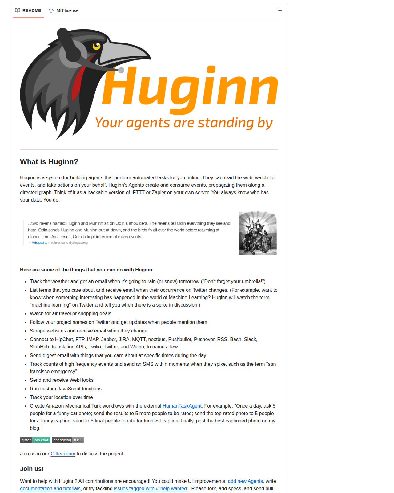 Huginn 的 GitHub 儲存庫 README 開頭,顯示 Huginn 專案標誌與「Your agents are standing by」標語,以及 What is Huginn 章節對自動化代理系統的定位說明