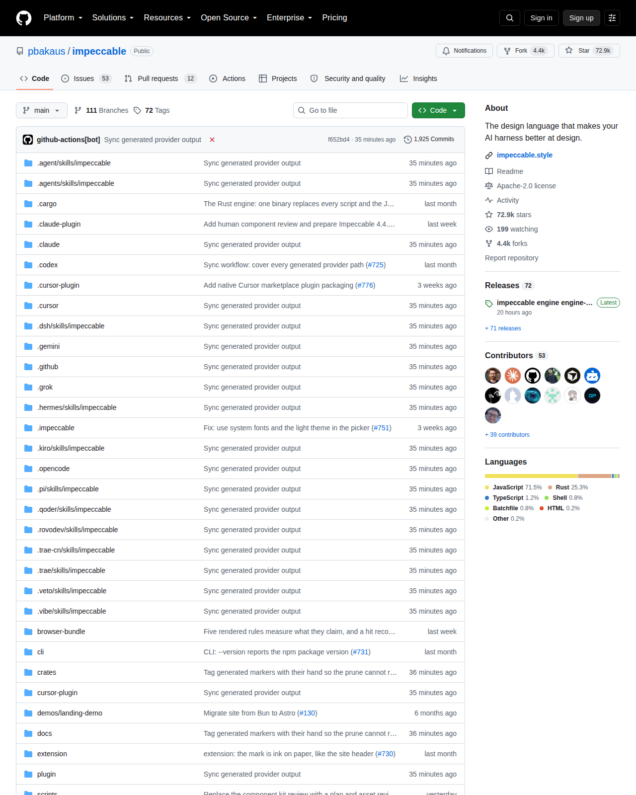 pbakaus/impeccable 的 GitHub 首頁頂部，顯示 repo 名稱 pbakaus/impeccable、Star 數 72.9k、Fork 4.4k、描述「The design language that makes your AI harness better at design」、Apache-2.0 授權與 topics 標籤