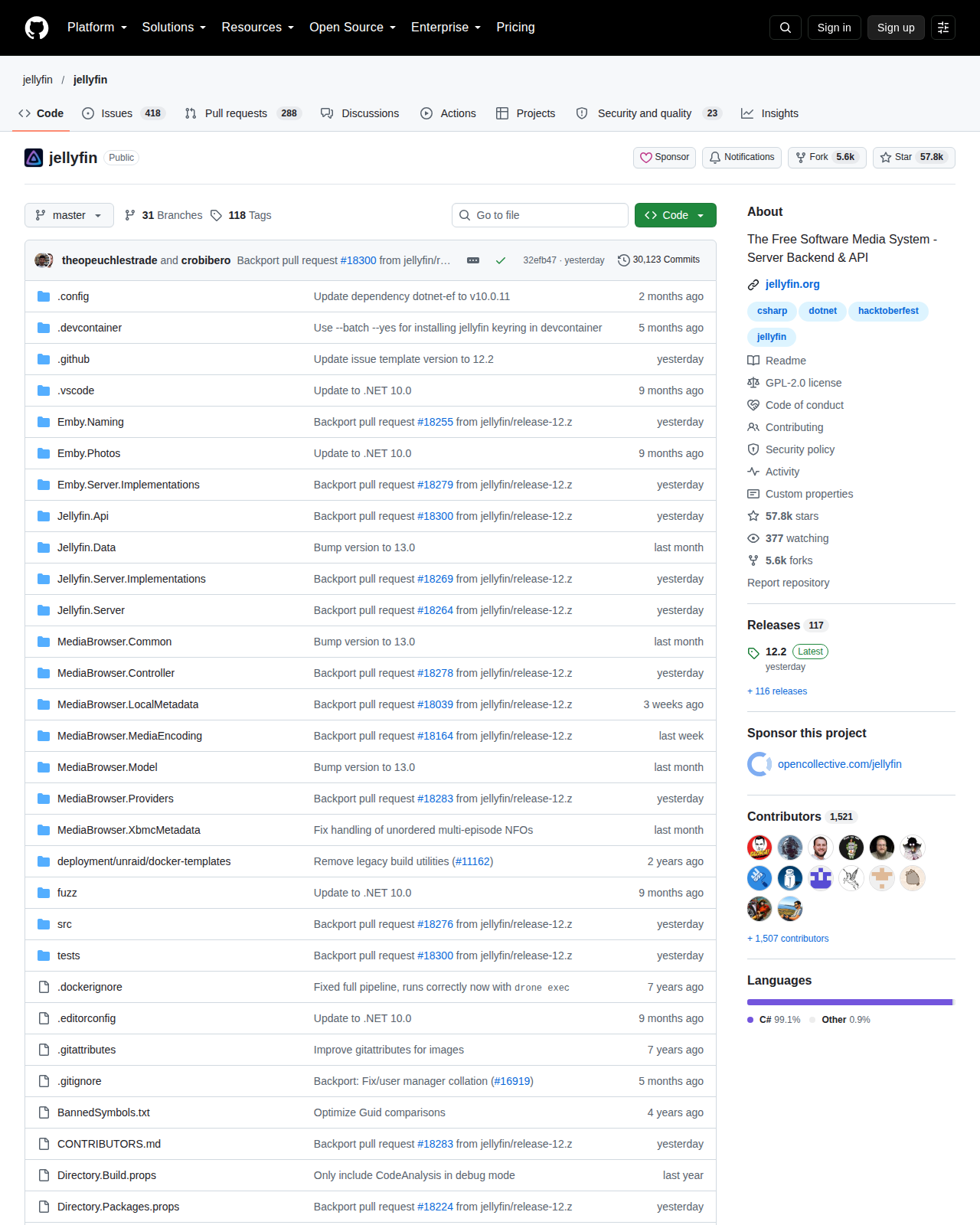 Jellyfin 的 GitHub 儲存庫首頁頂部，顯示 repo 名稱 jellyfin/jellyfin、Star 數 57.8k、Fork 數 5.6k 與專案描述 The Free Software Media System
