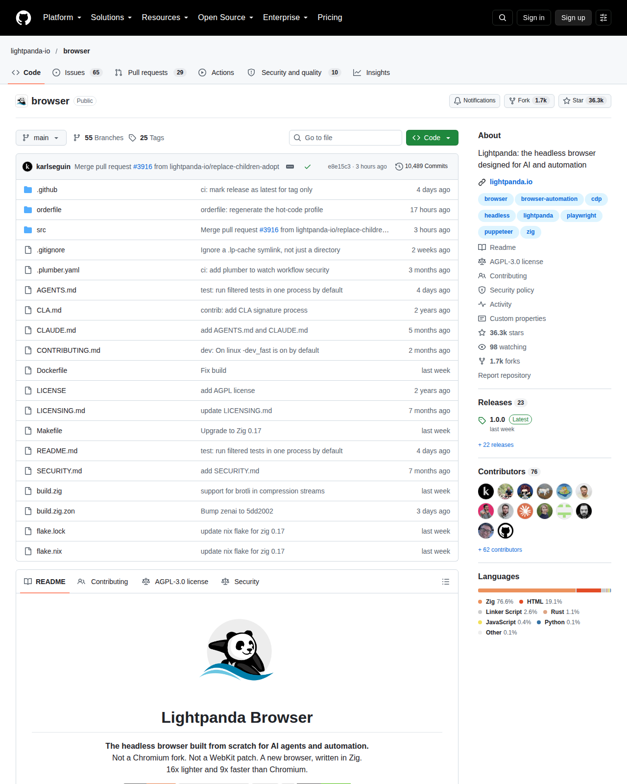Lightpanda 儲存庫首頁頂部，顯示儲存庫路徑 lightpanda-io/browser、星標數約 36.3k 與複製數 1.7k、主要語言標示、分支與標籤數量，以及最新合併提交紀錄