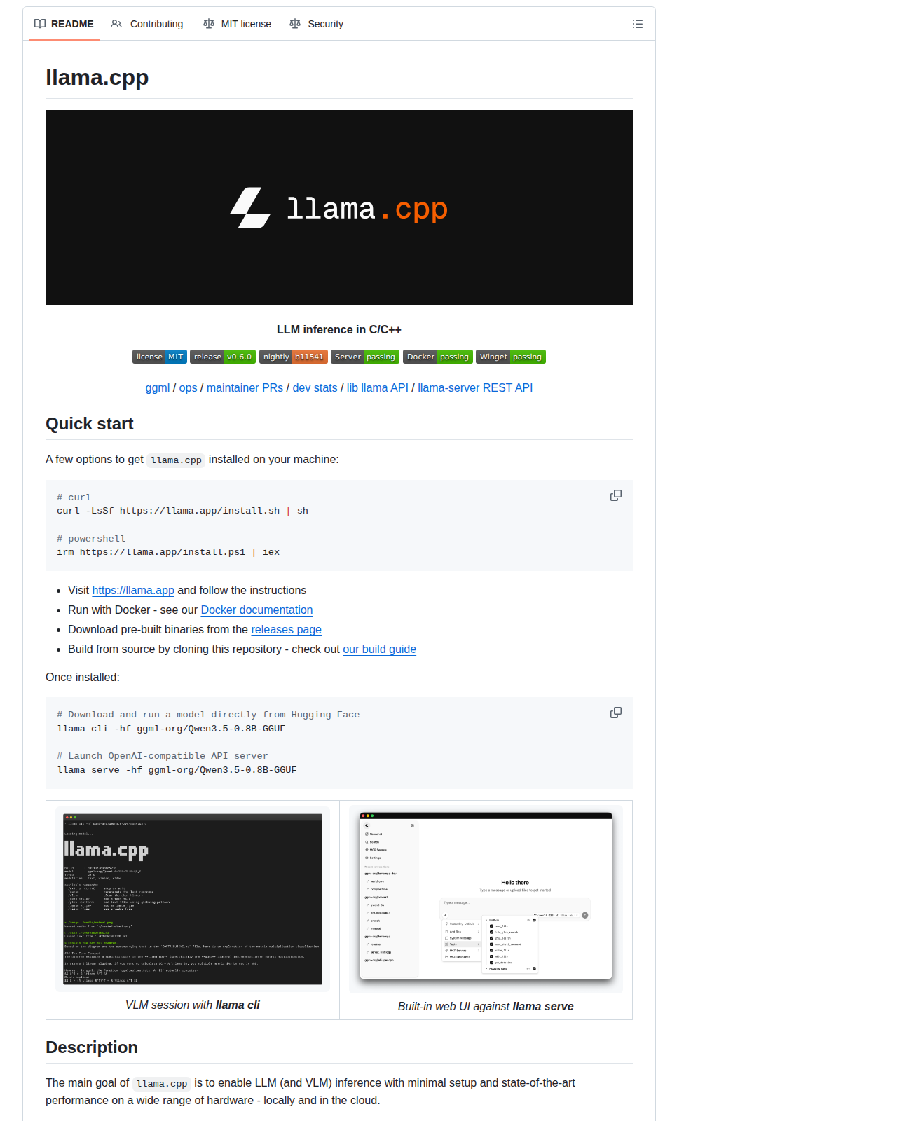 llama.cpp 的 GitHub 儲存庫 README 開頭，顯示 llama.cpp 專案標誌與「LLM inference in C/C++」定位說明，以及 MIT 授權、v0.6.0 版本與 nightly b11541 建置狀態徽章