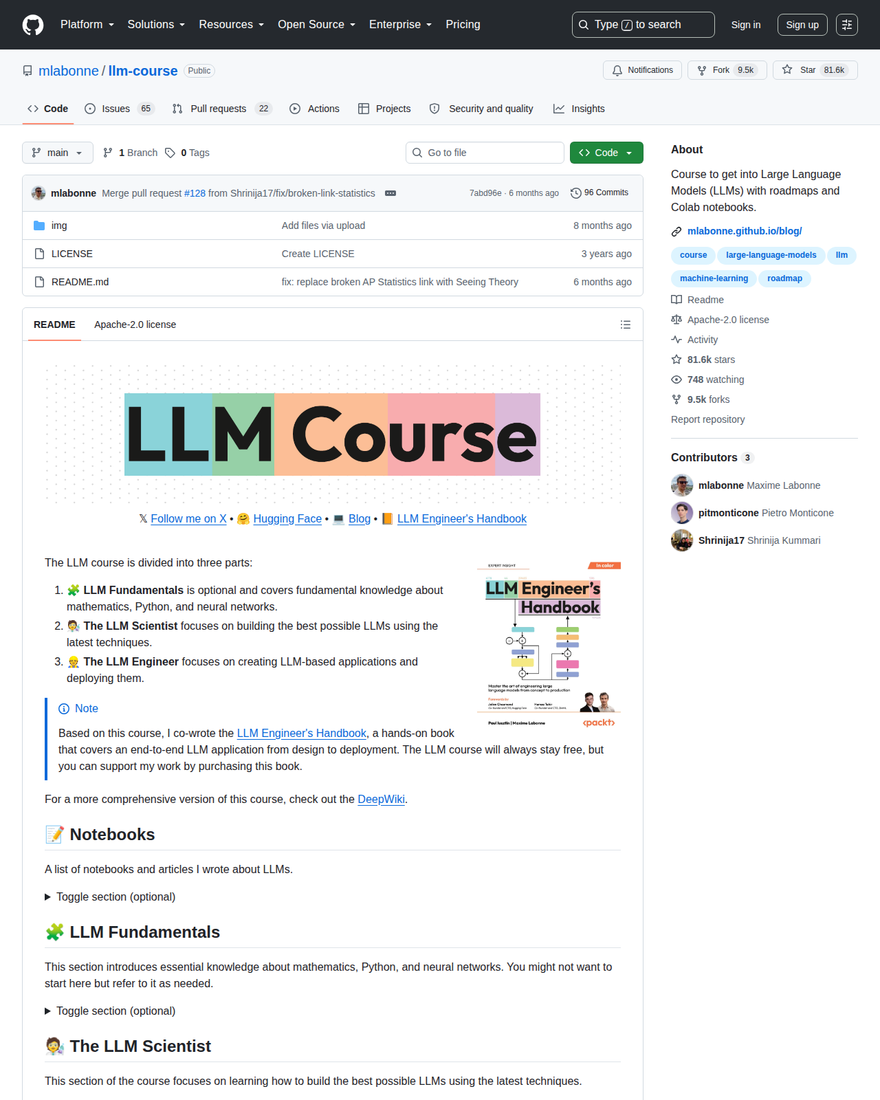 llm-course GitHub 首頁頂部（repo 名稱「mlabonne/llm-course」+ 81.6k 星標 + 描述「Course to get into Large Language Models (LLMs) with roadmaps and Colab notebooks」+ 9.5k Forks + Apache-2.0 授權標示）