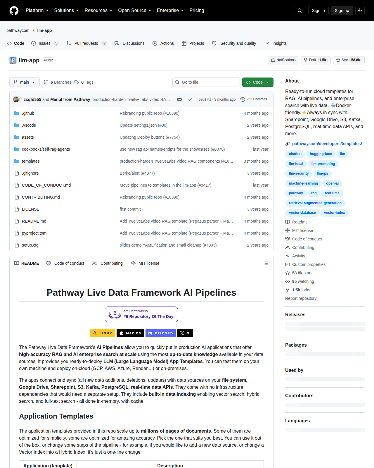 Pathway LLM App GitHub 首頁頂部（儲存庫名稱、5.8 萬星標數字、描述與語言組成）