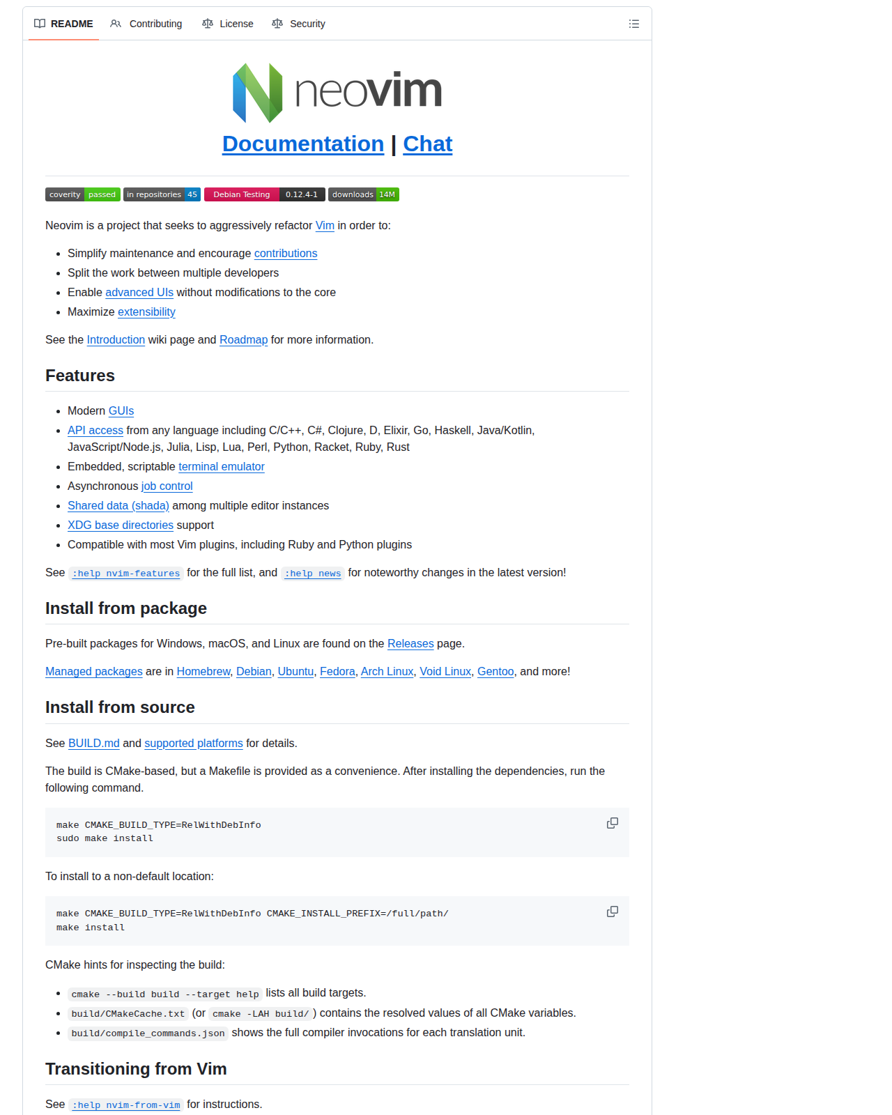 Neovim 儲存庫 README 開頭，顯示專案名稱與官方標誌，並列出專案目標：簡化維護、鼓勵貢獻、把工作分配給多位開發者、在不修改核心的前提下支援進階介面，以及最大化擴充性，後接功能清單與支援的程式語言列表