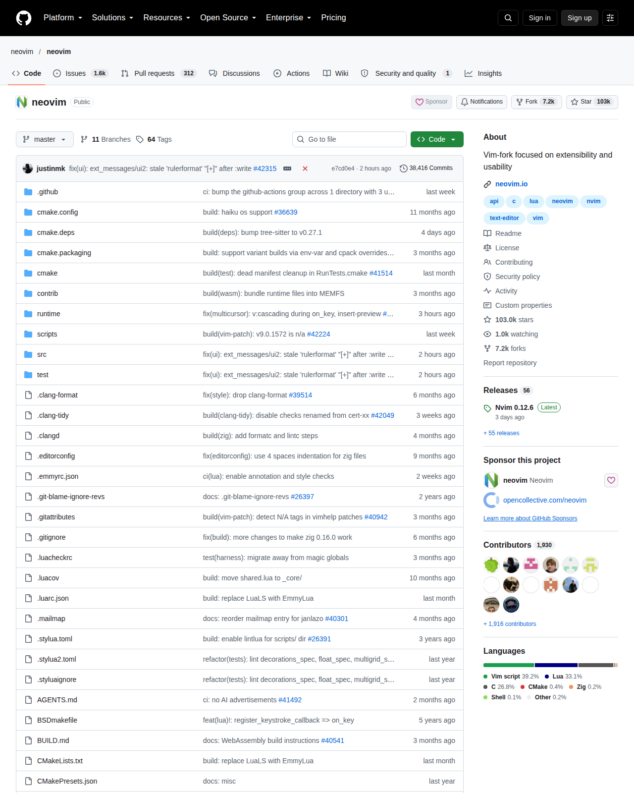 Neovim 儲存庫首頁頂部，顯示儲存庫路徑 neovim/neovim、星標數約 103k、複製數約 72k、分支與標籤數量，以及最新提交紀錄與儲存庫說明，主要語言標示為 Vim Script，主題標籤包含文字編輯器與 Lua