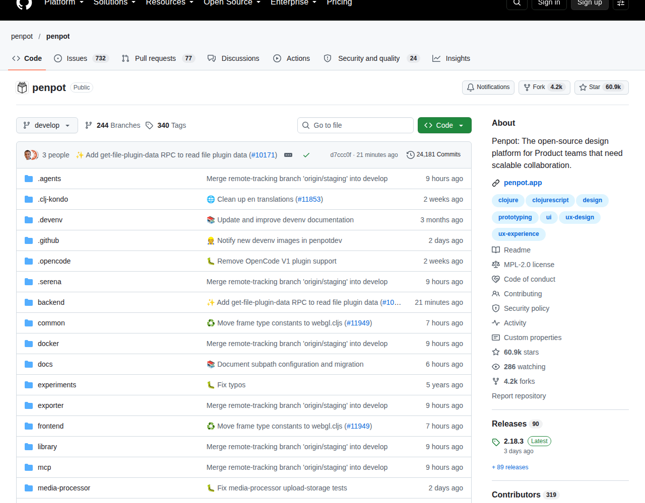 Penpot 的 GitHub 儲存庫頁面，右側 About 區塊顯示 60.9k stars、286 watching、4.2k forks，以及專案描述與最新發布版本資訊