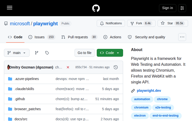 Playwright GitHub 首頁頂部（repo 名 + Star 數 + 描述）