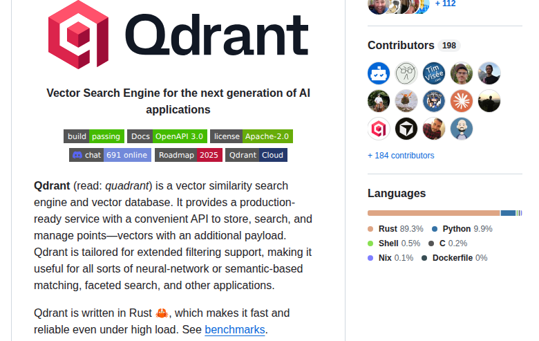 Qdrant README 開頭（項目名稱 + 標語「Vector Search Engine for the next generation of AI applications」）