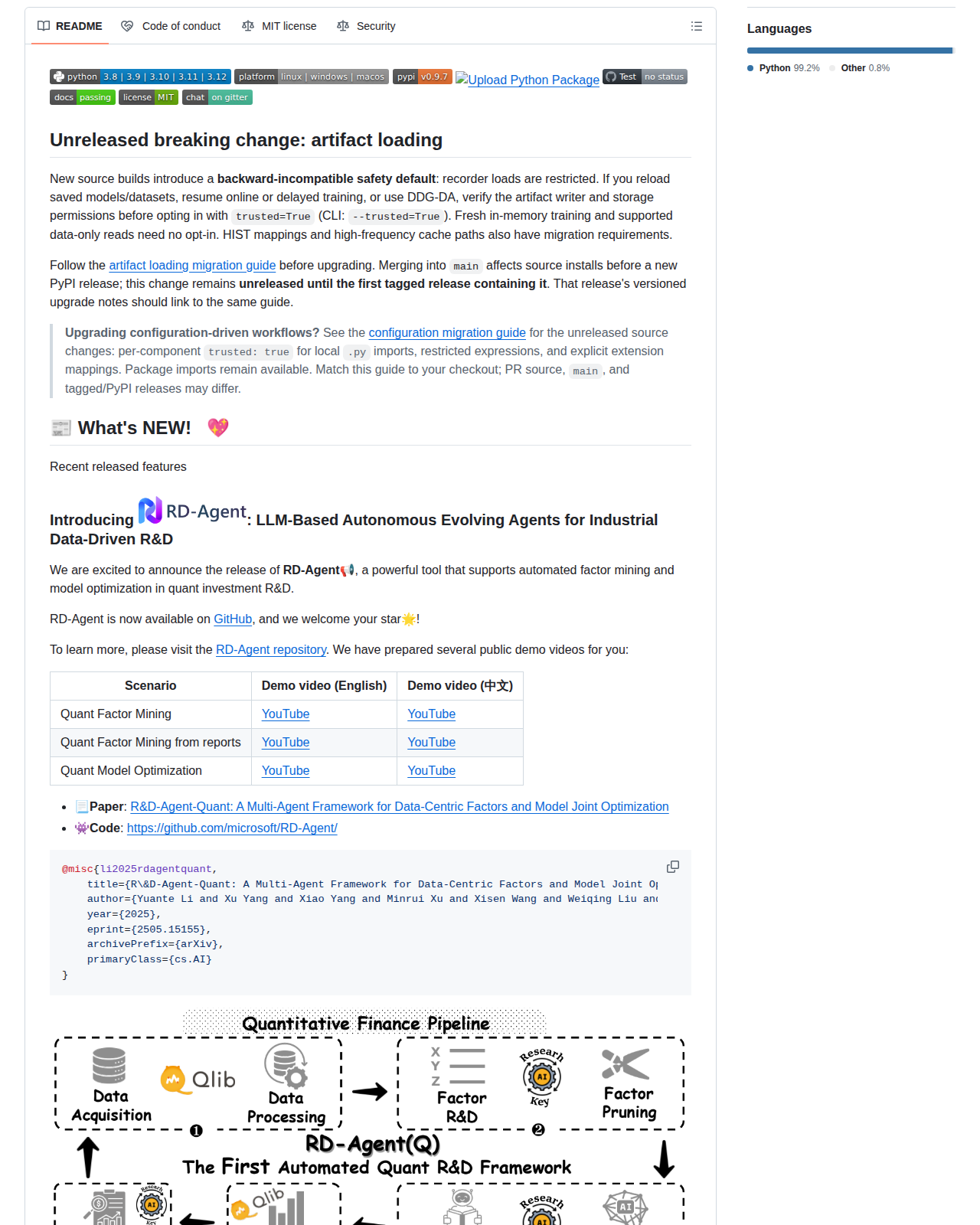 微軟 Qlib 的 GitHub 儲存庫 README 開頭，顯示 v0.9.8 版本的 artifact loading 破壞性變更說明、遷移指引連結，以及 RD-Agent 的最新功能公告