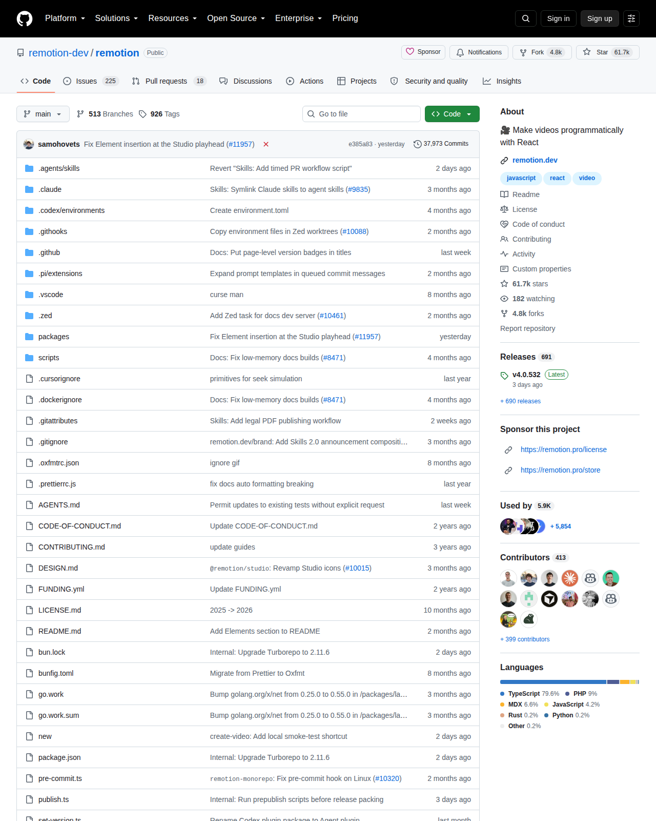 Remotion 的 GitHub 儲存庫首頁頂部，顯示專案名稱 remotion-dev/remotion、主要語言 TypeScript、星標數 61.6k、分支數與最近提交紀錄